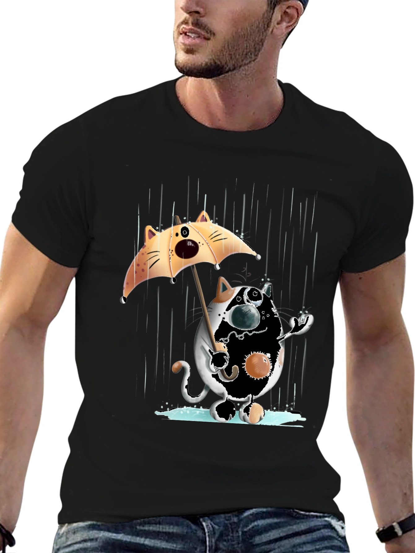 Black Funny Cat in Rain Graphic T-Shirt view 6