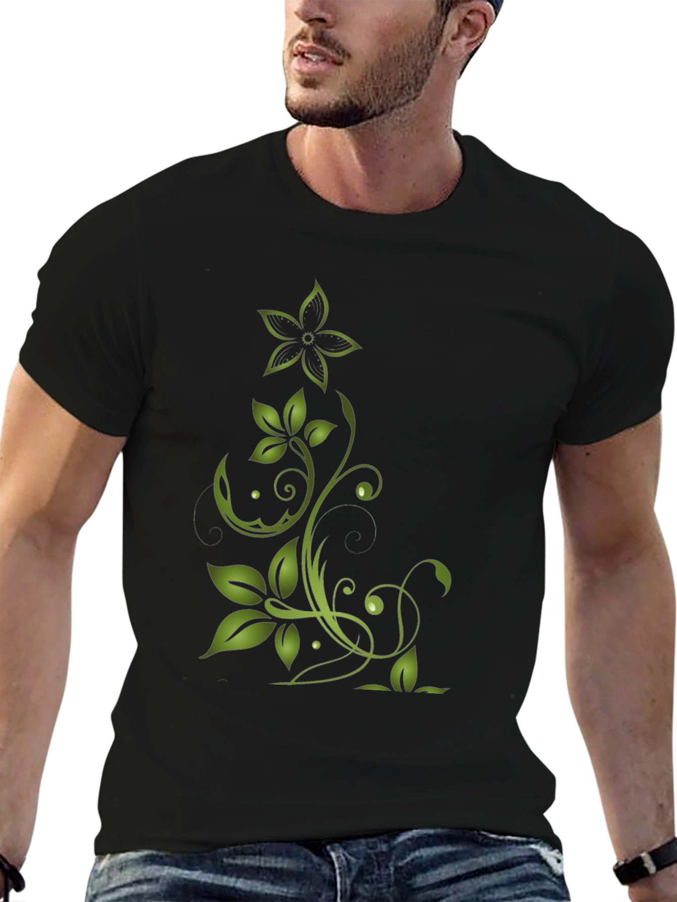 Black Green Floral Design Black T-Shirt view 6