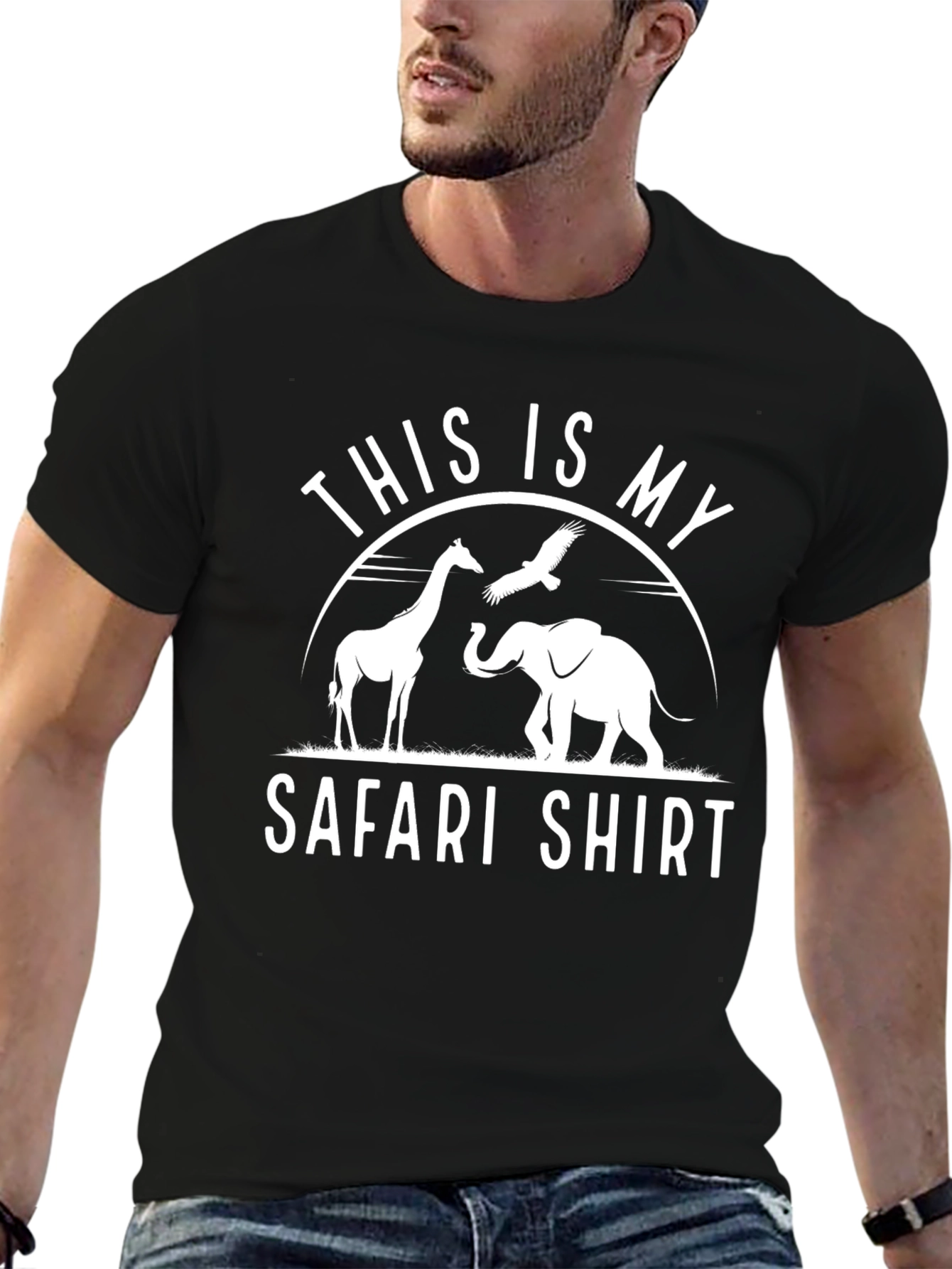 Black Safari Shirt: Giraffe, Elephant, and Eagle Design view 6