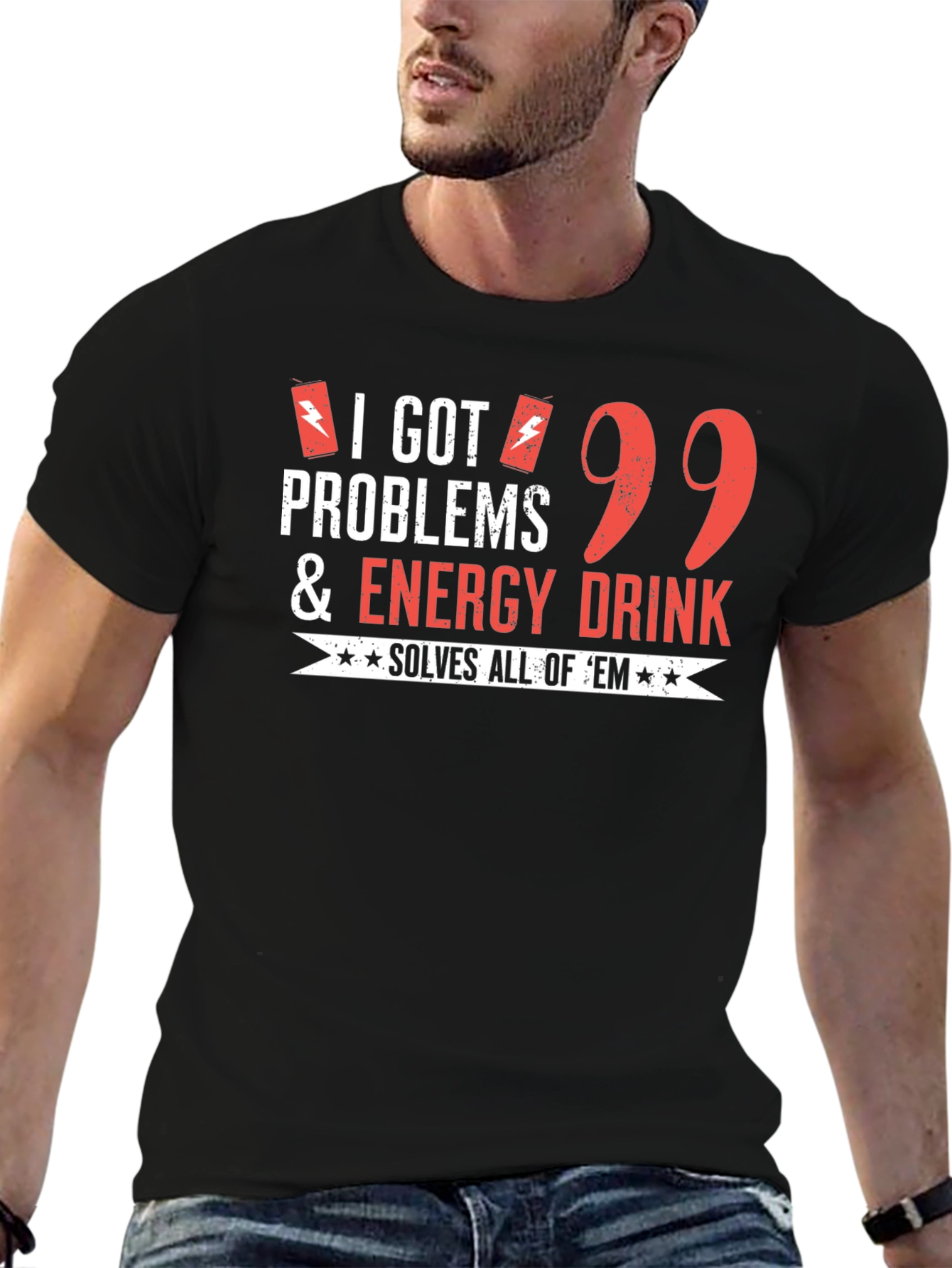 Black Funny Energy Drink T-Shirt: 99 Problems Solved view 6