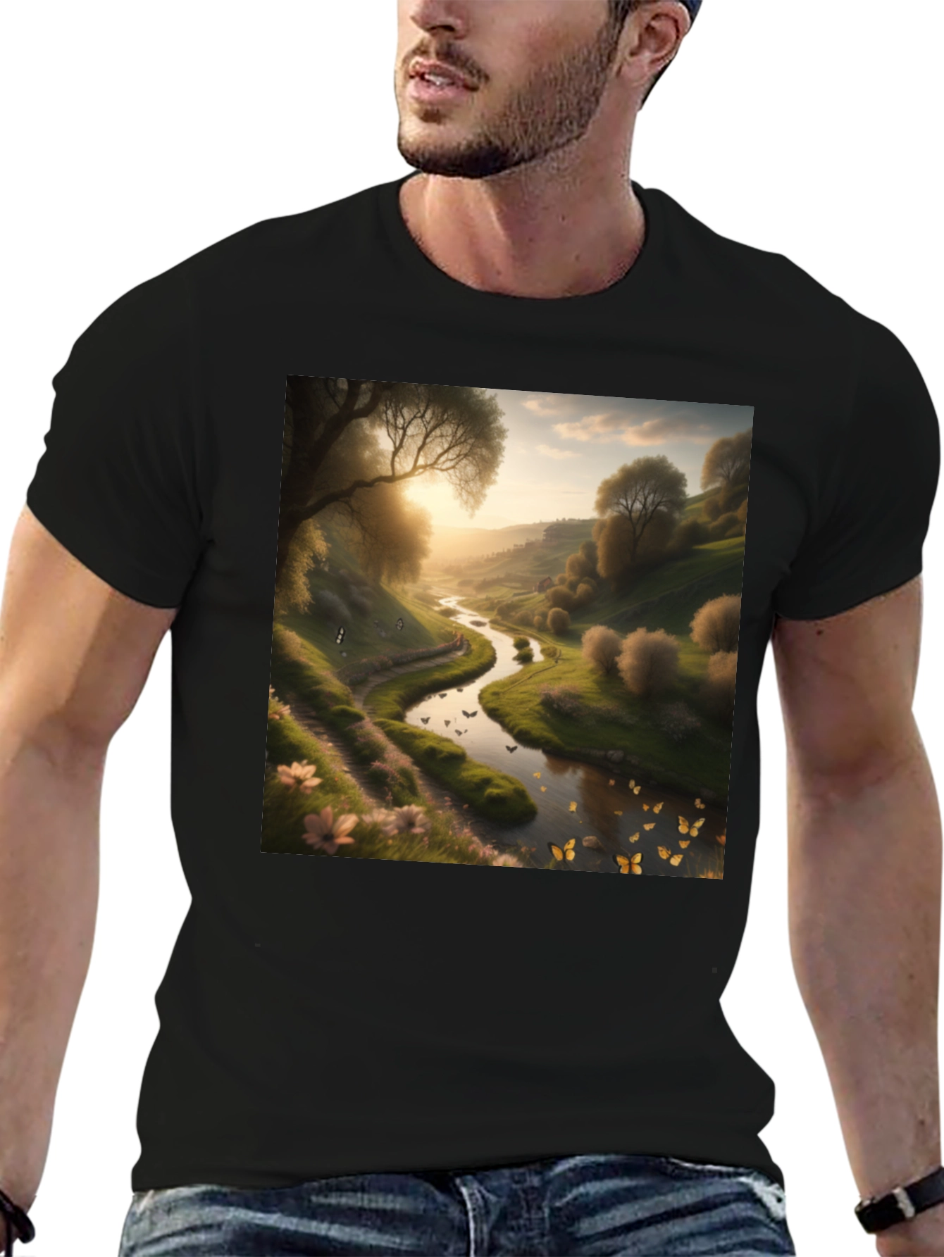 Black Nature River Graphic Tee - Men's Black T-Shirt view 6