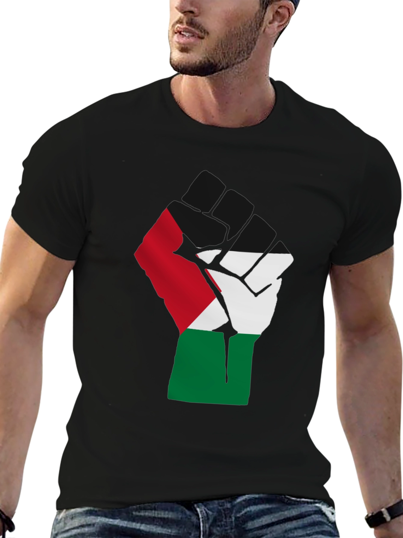 Black Palestine Flag Raised Fist T-Shirt - Black view 6