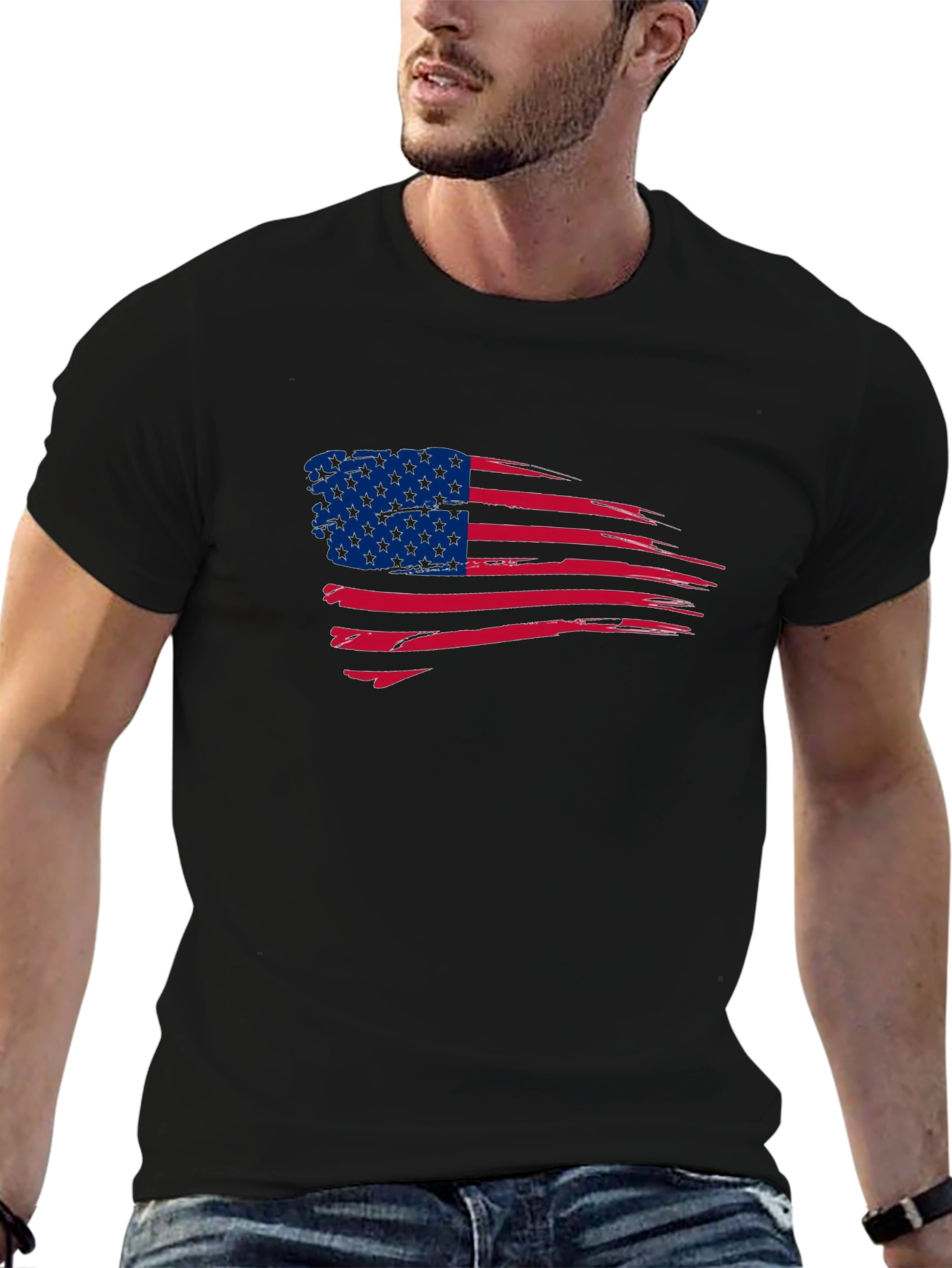 Black American Flag Graphic Print Crew Neck T-Shirt view 6