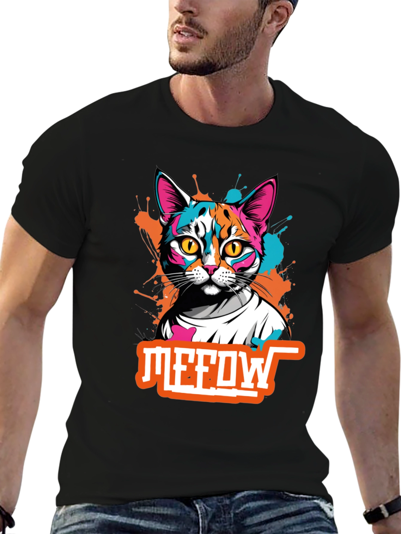 Black Cool Cat Graphic Tee - Meow T-Shirt view 6