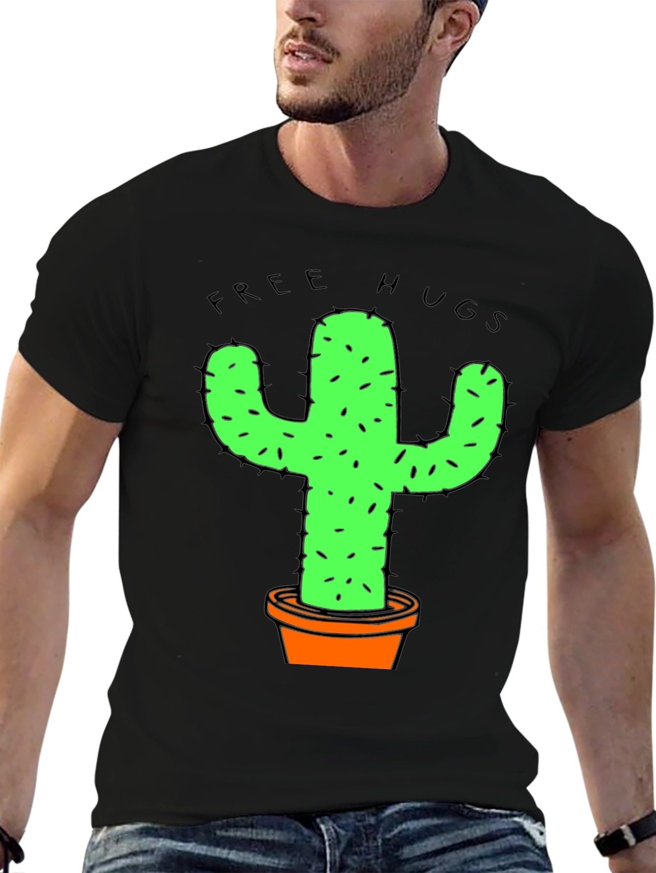 Black Funny Free Hugs Cactus Graphic T-Shirt view 6