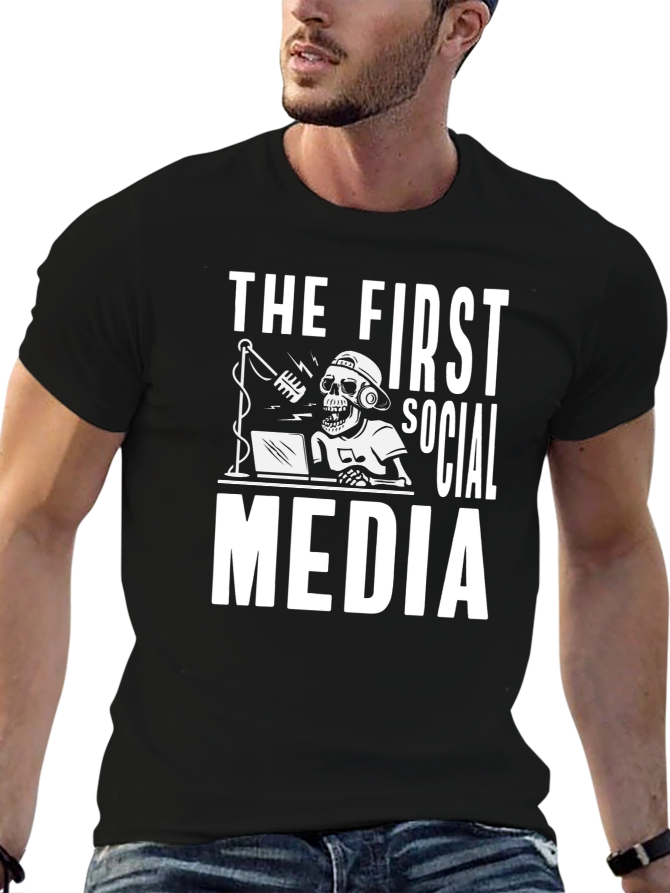 Black The First Social Media T-Shirt - Skeleton Graphic Tee view 6