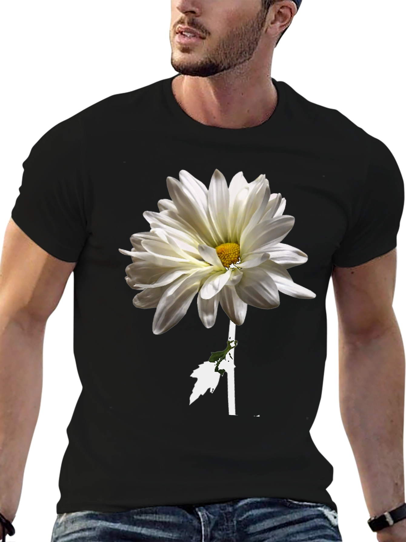 Black Floral T-Shirt: White Daisy on Black view 6