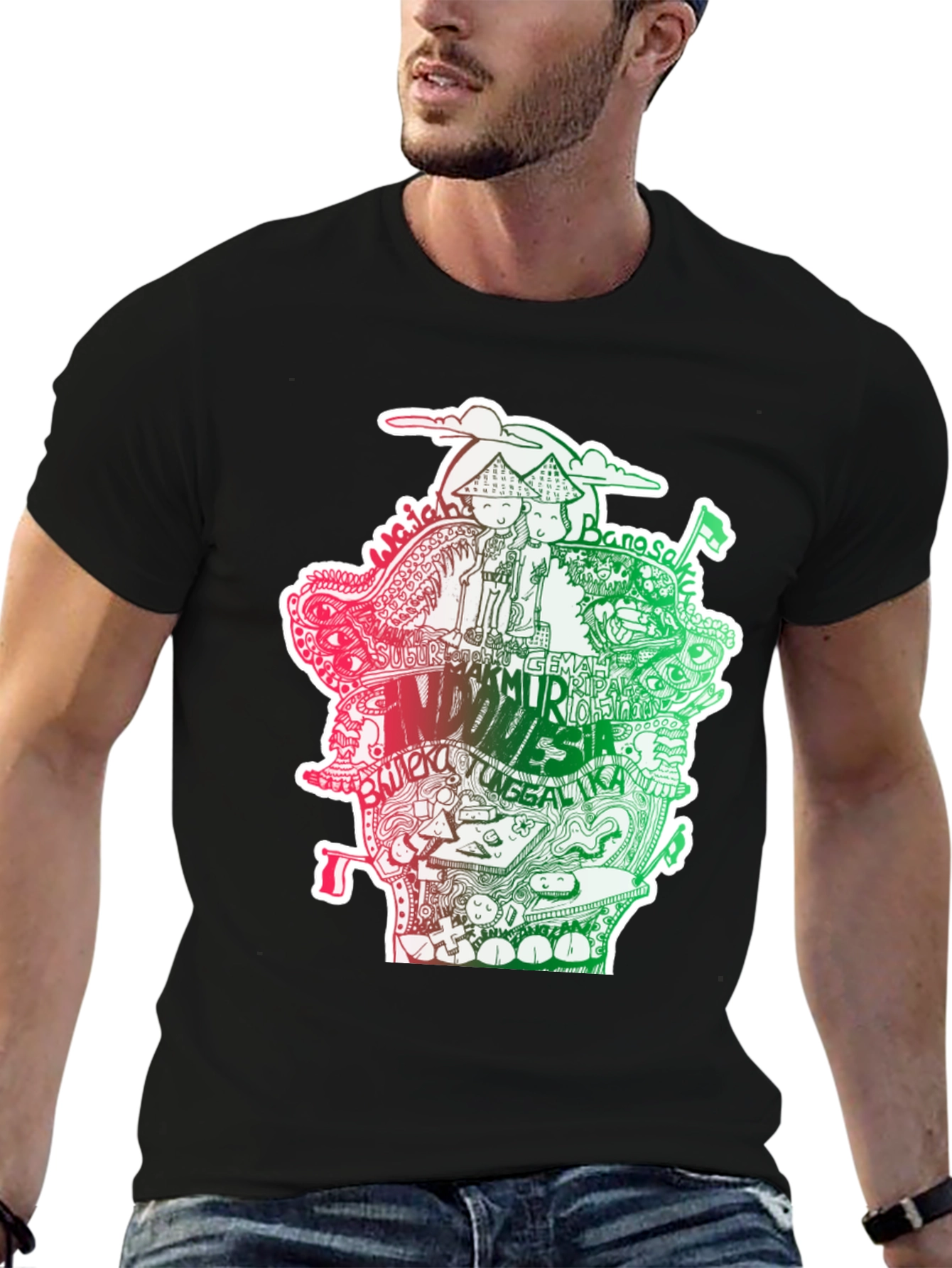 Black Indonesia Doodle Art Black T-Shirt view 6