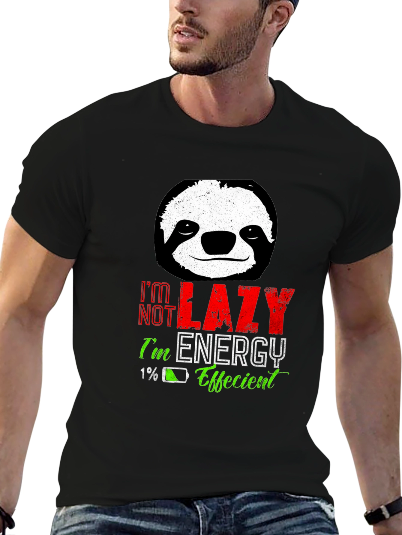 Black Lazy Sloth Energy Efficient Men's Black T-Shirt view 6