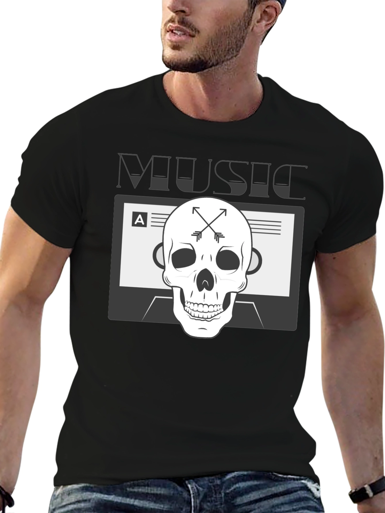 Black Music Skull Graphic Tee - Black Cotton Blend T-Shirt view 6