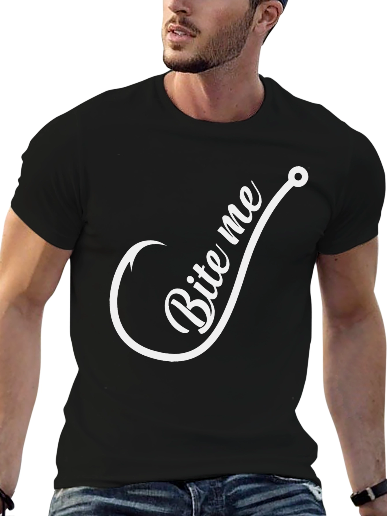 Black Bite Me Fishing Hook Graphic Tee - Novelty T-Shirt view 6