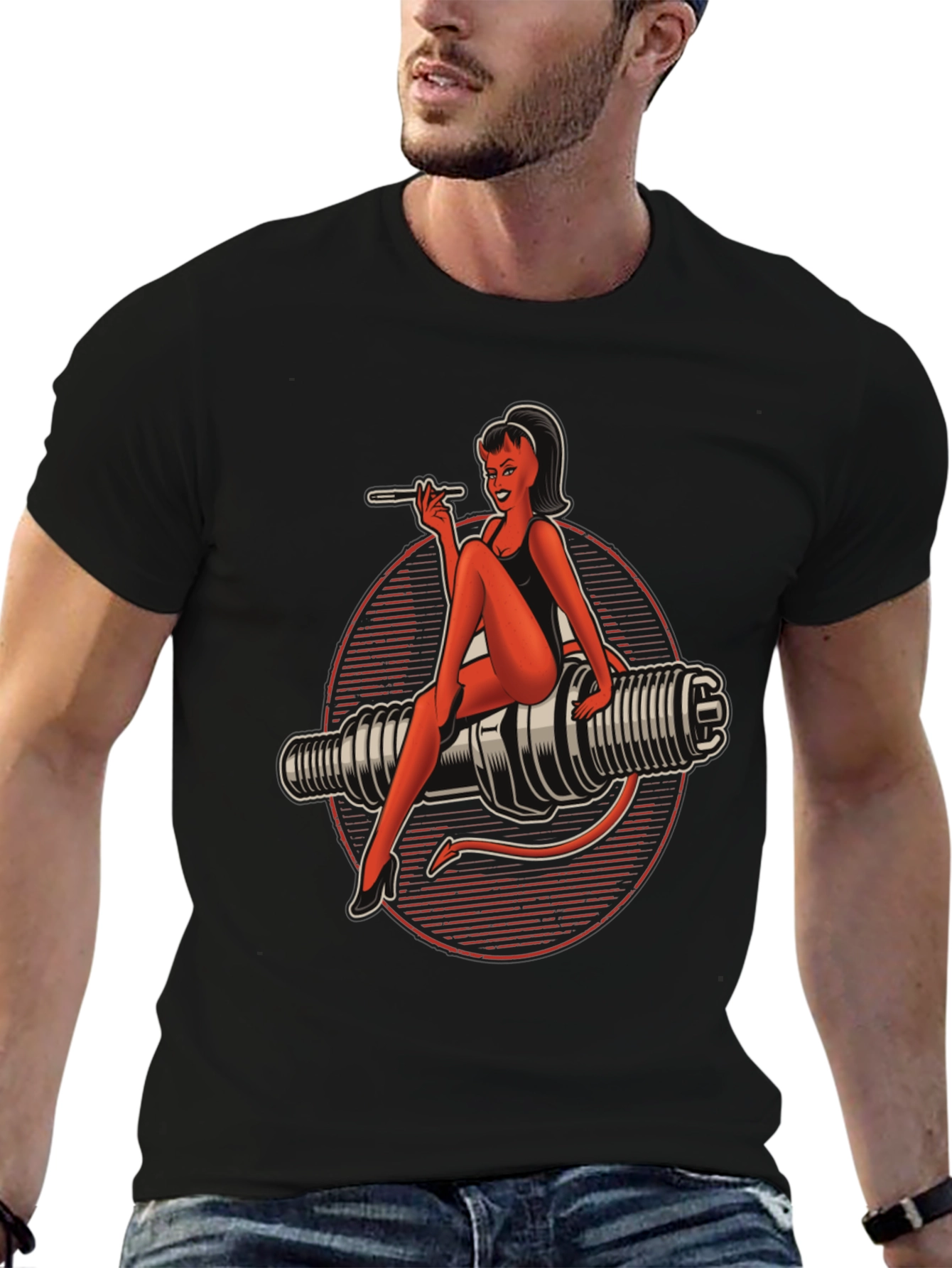 Black Devil Pin-Up Girl Spark Plug Graphic T-Shirt view 6