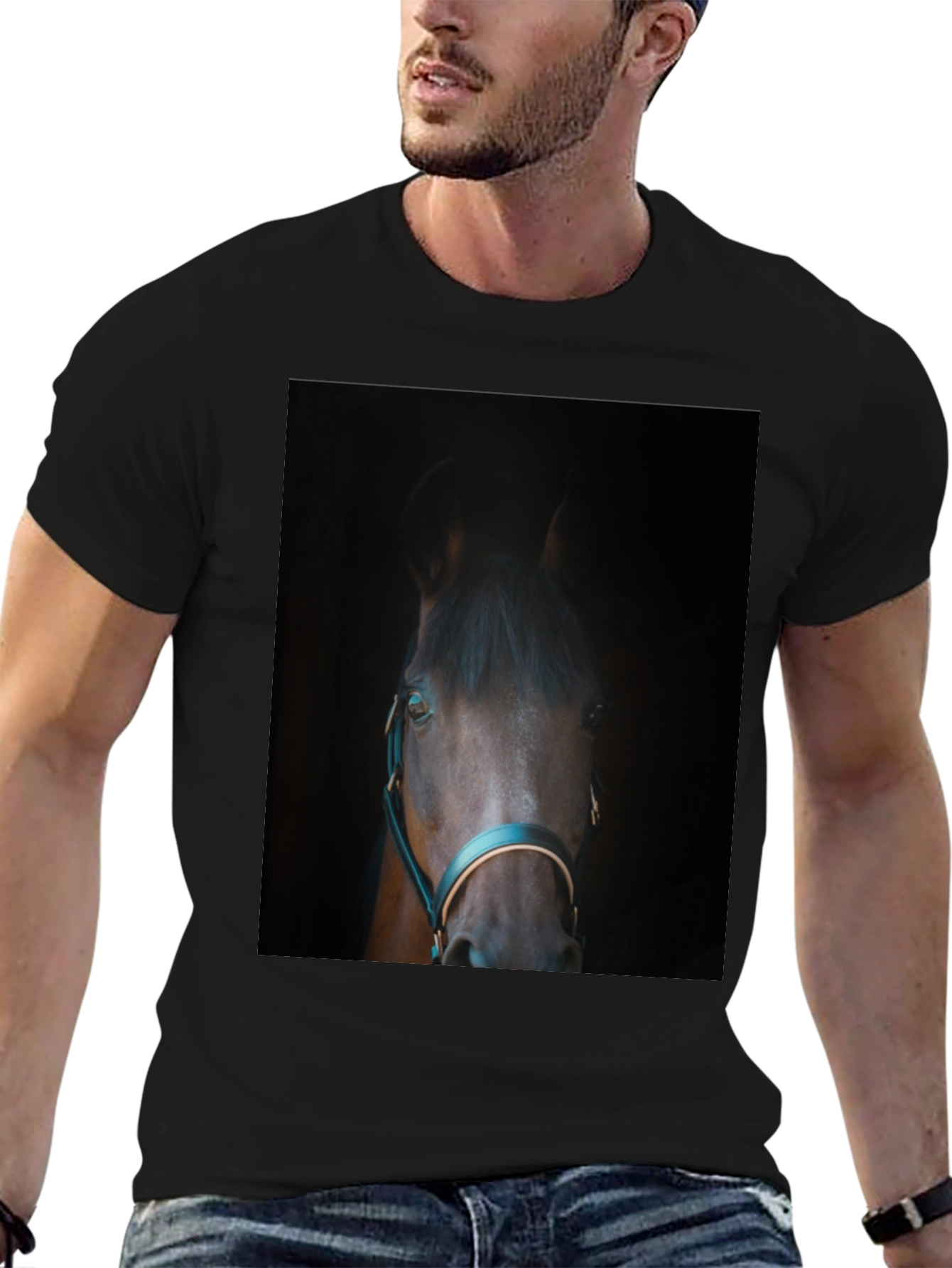 Black Horse Portrait Black T-Shirt - Equestrian Style view 6