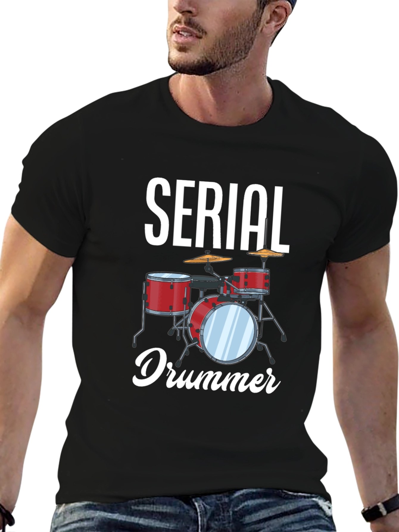 Black Serial Drummer Graphic Tee - Black Cotton T-Shirt view 6