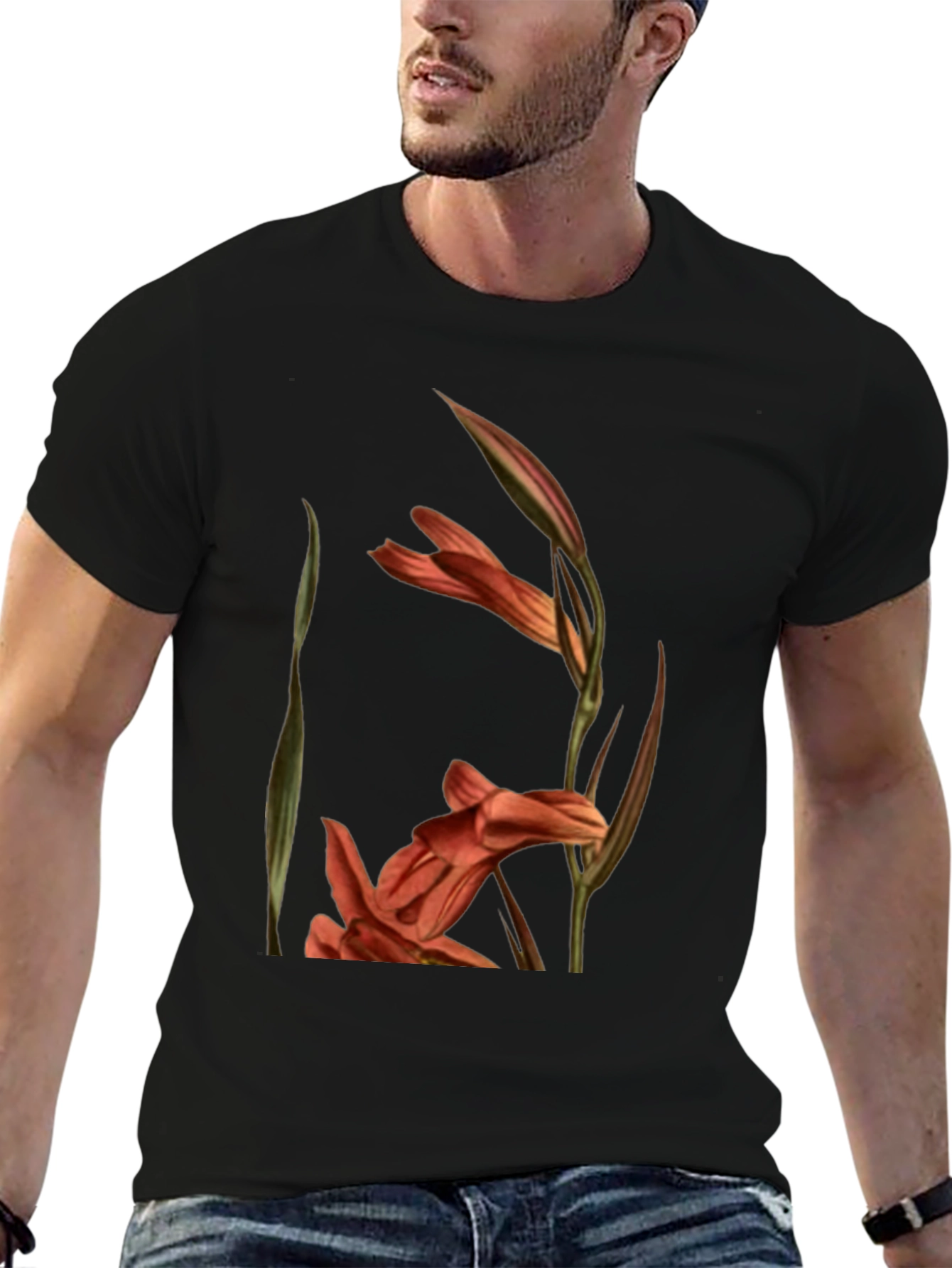 Black Floral Gladiolus Print Black T-Shirt view 6