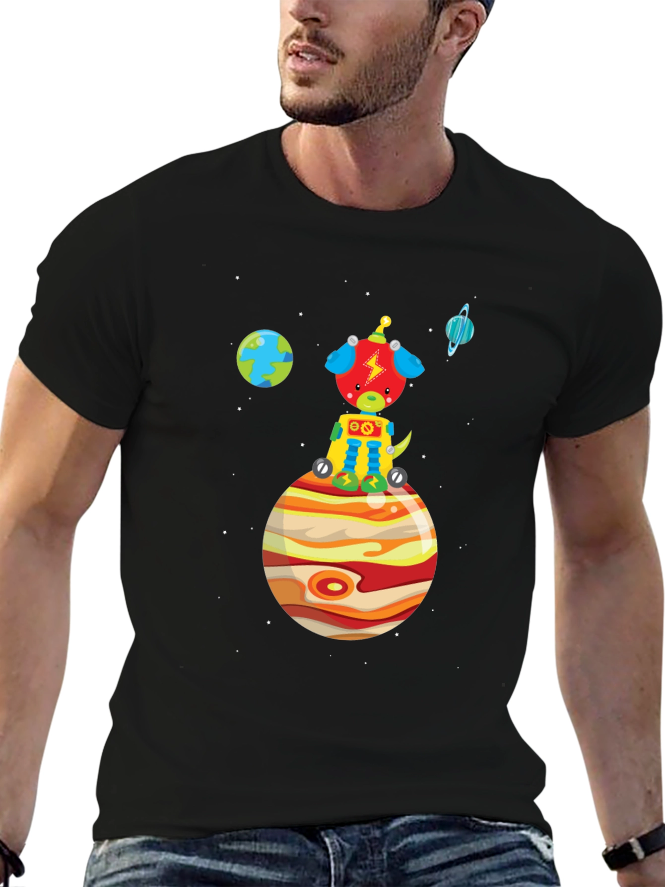 Black Space Pup T-Shirt - Black Cotton Tee with Planet Design view 6