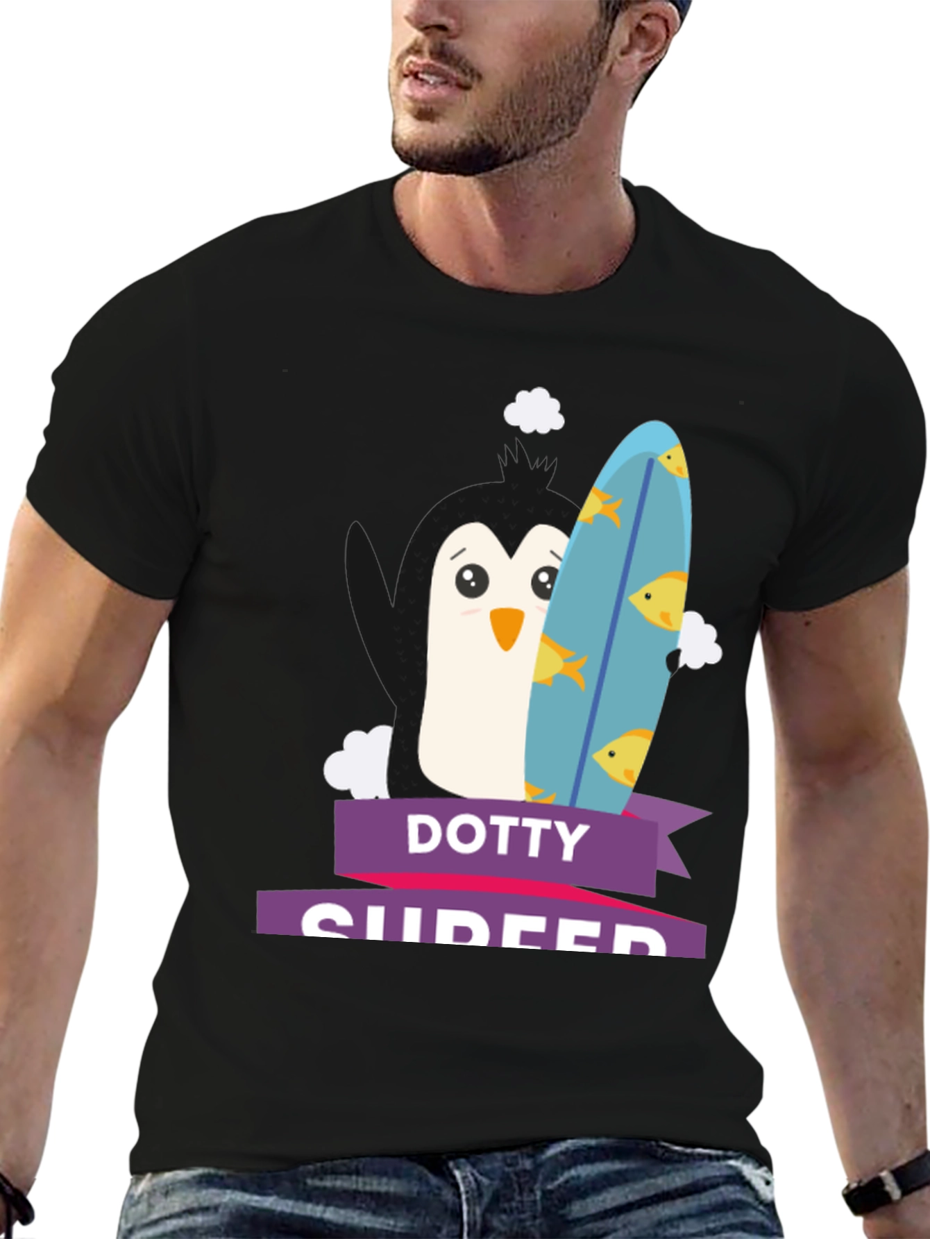 Black Dotty Surfer Penguin T-Shirt view 6