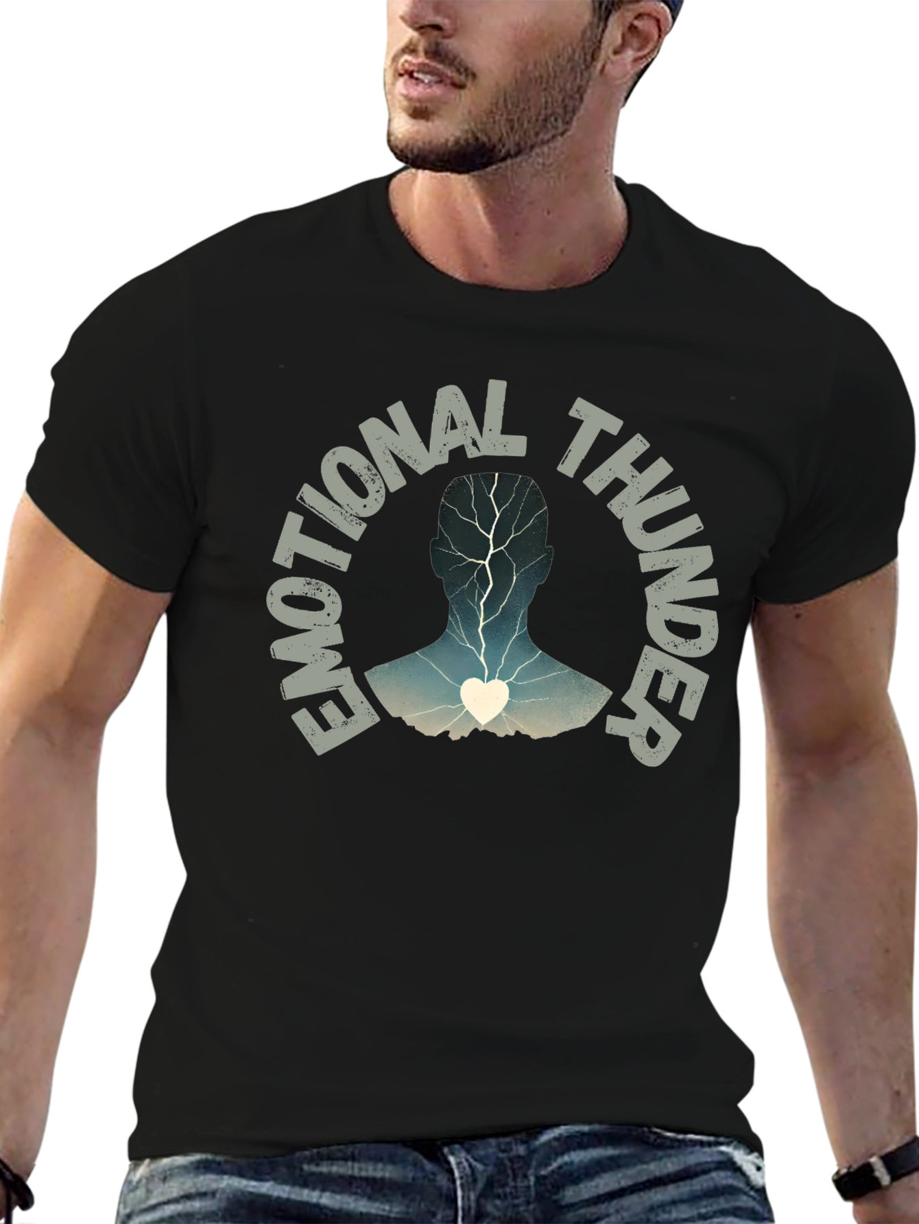 Black Emotional Thunder T-Shirt: Expressive Graphic Tee view 6