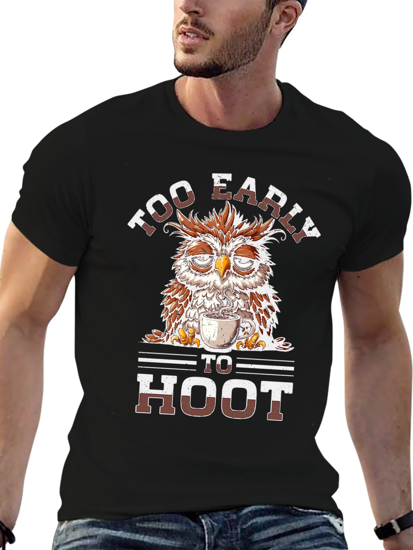 Black Too Early to Hoot Owl Coffee T-Shirt view 6