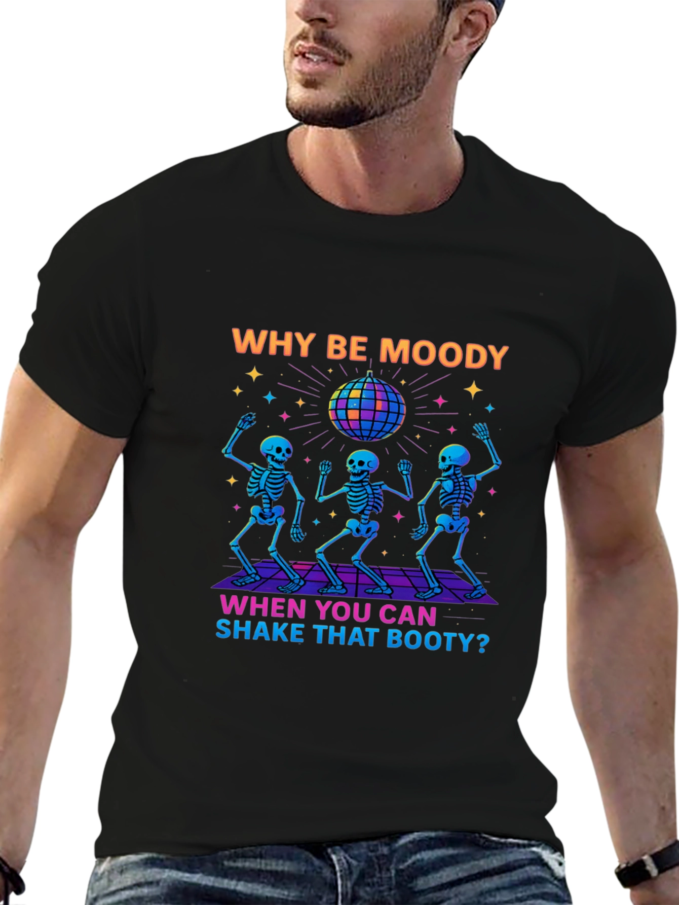 Black Why Be Moody Skeleton Disco T-Shirt view 6
