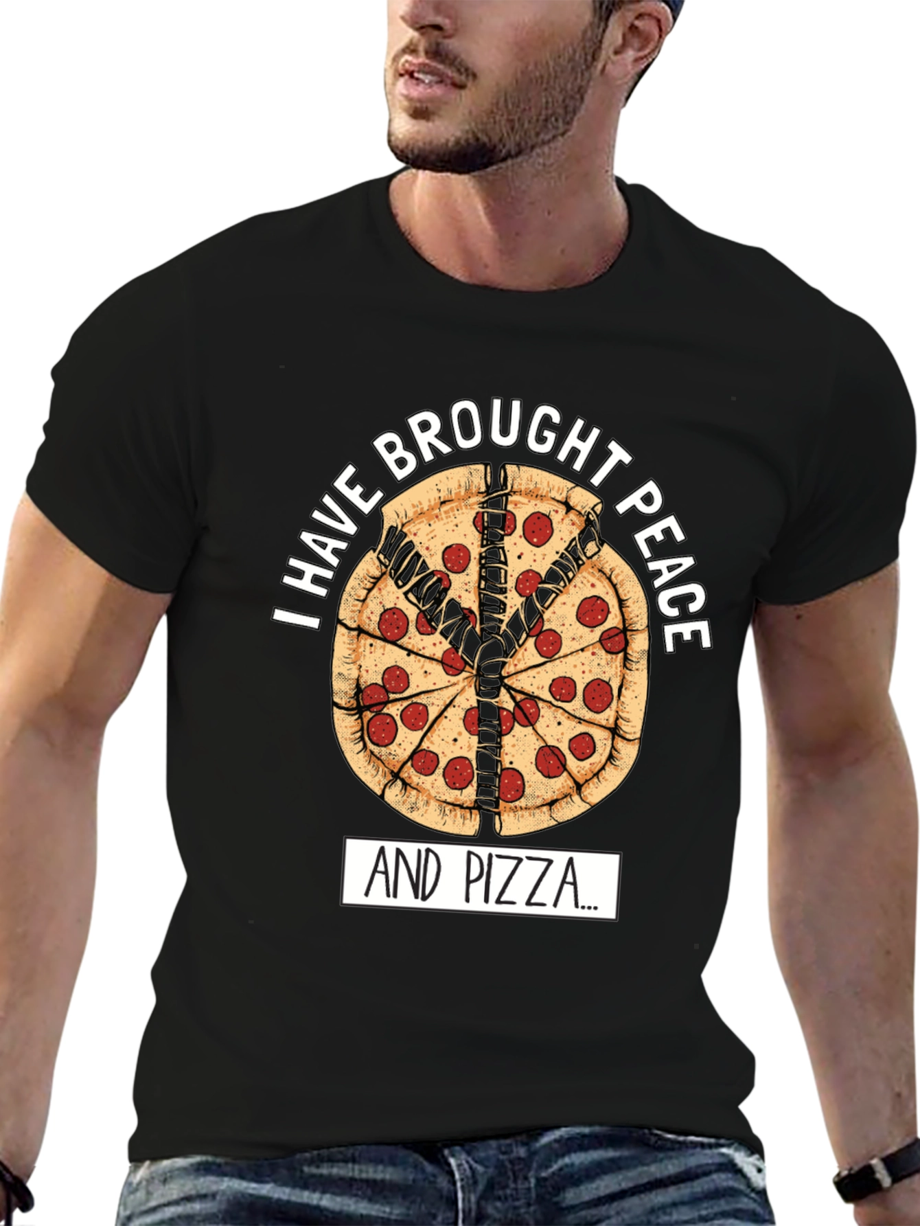 Black Peace Pizza T-Shirt - "I Have Brought Peace And Pizza" view 6