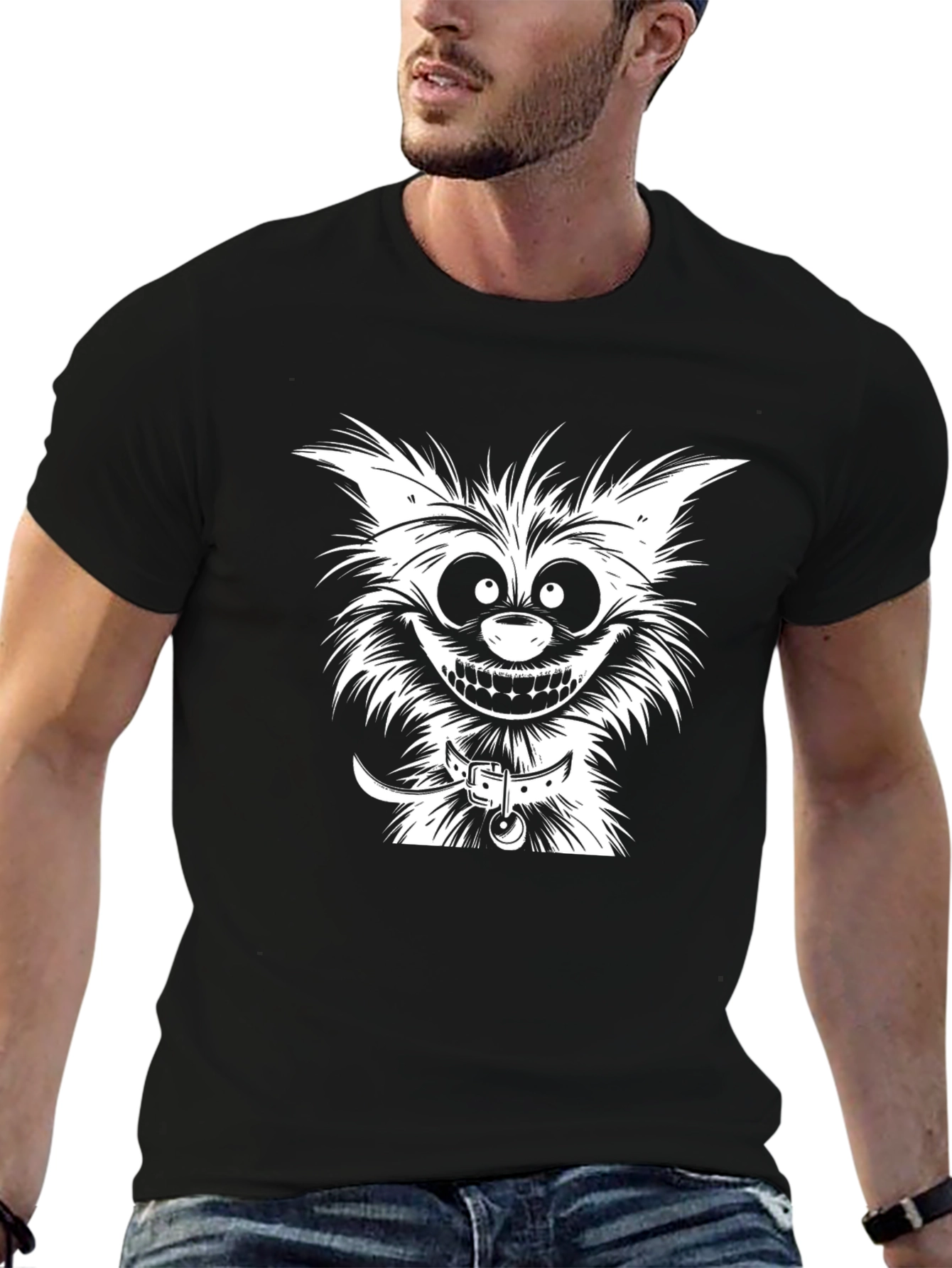 Black Cartoon Cat Graphic Tee - Black Cotton T-Shirt view 6