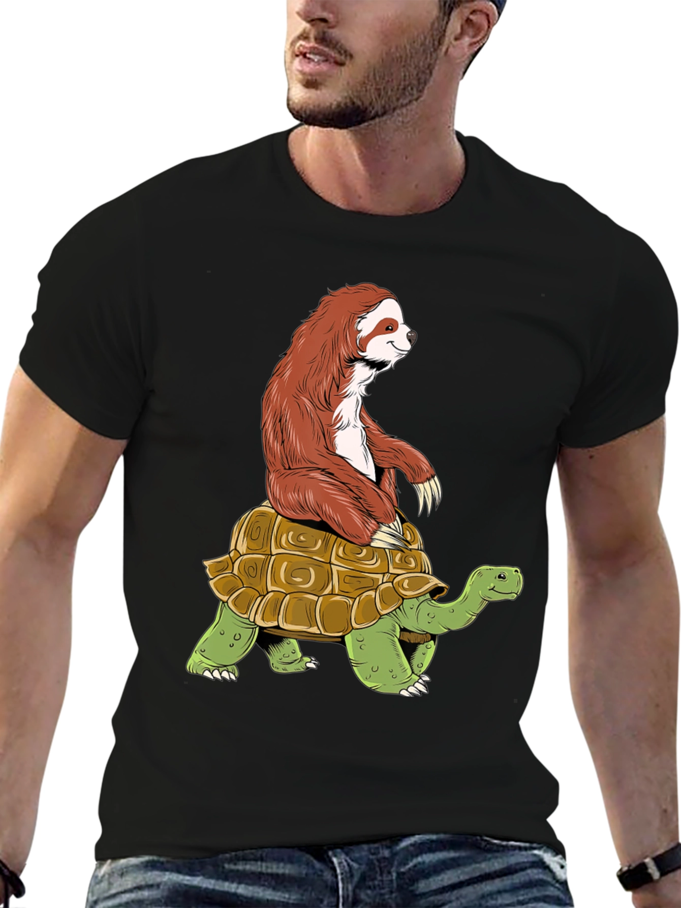 Black Sloth Riding Turtle Graphic Tee - Funny Animal Shirt view 6