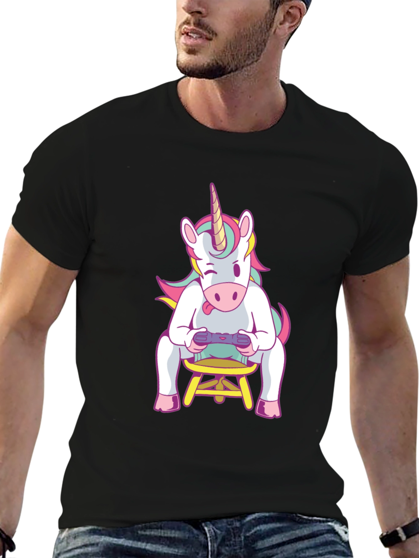 Black Unicorn Gamer T-Shirt - Black Cotton Tee view 6