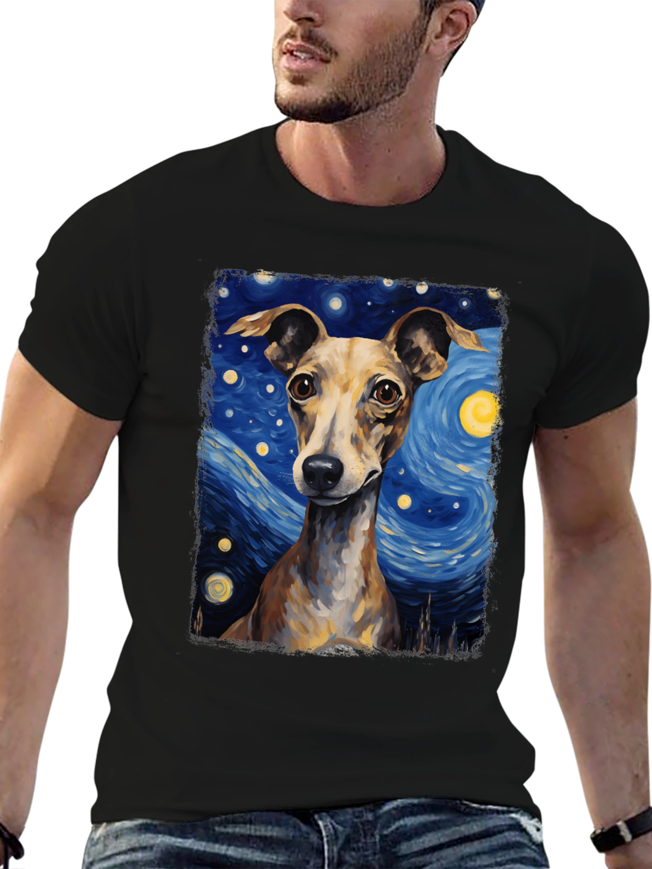 Black Starry Night Dog T-Shirt - Unique Artistic Tee view 6