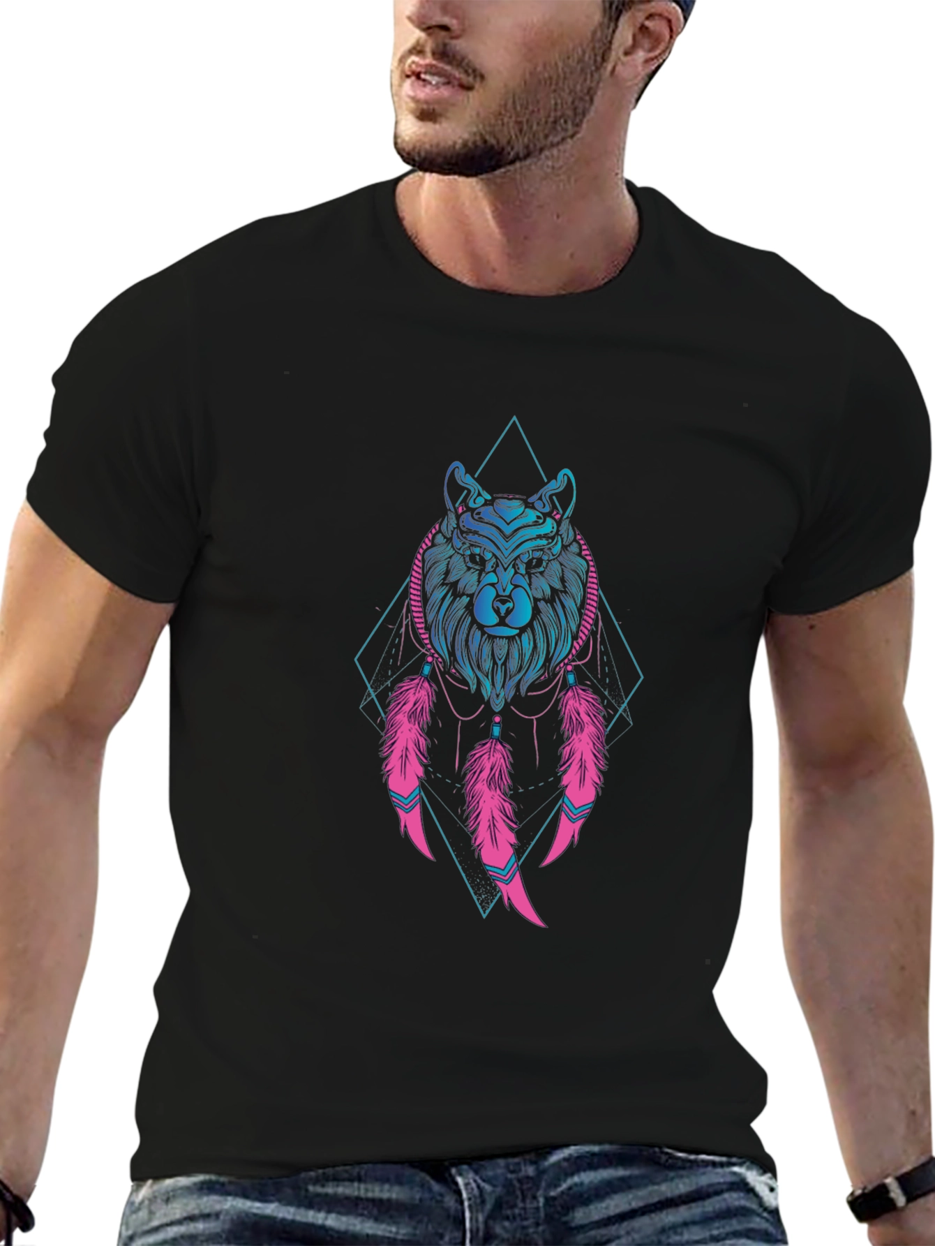 Black Bear Dreamcatcher Graphic Tee - Black Cotton T-Shirt view 6