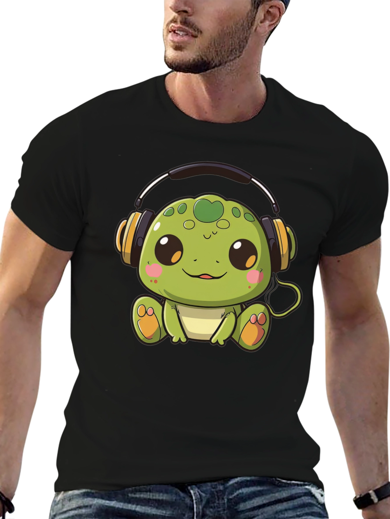 Black Cute Turtle with Headphones Black T-Shirt view 6