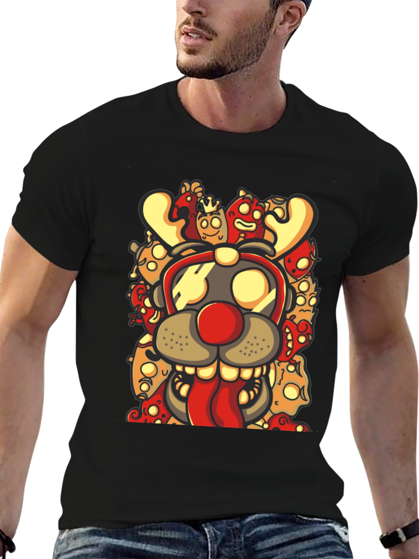 Black Cartoon Reindeer Graphic Black T-Shirt view 6