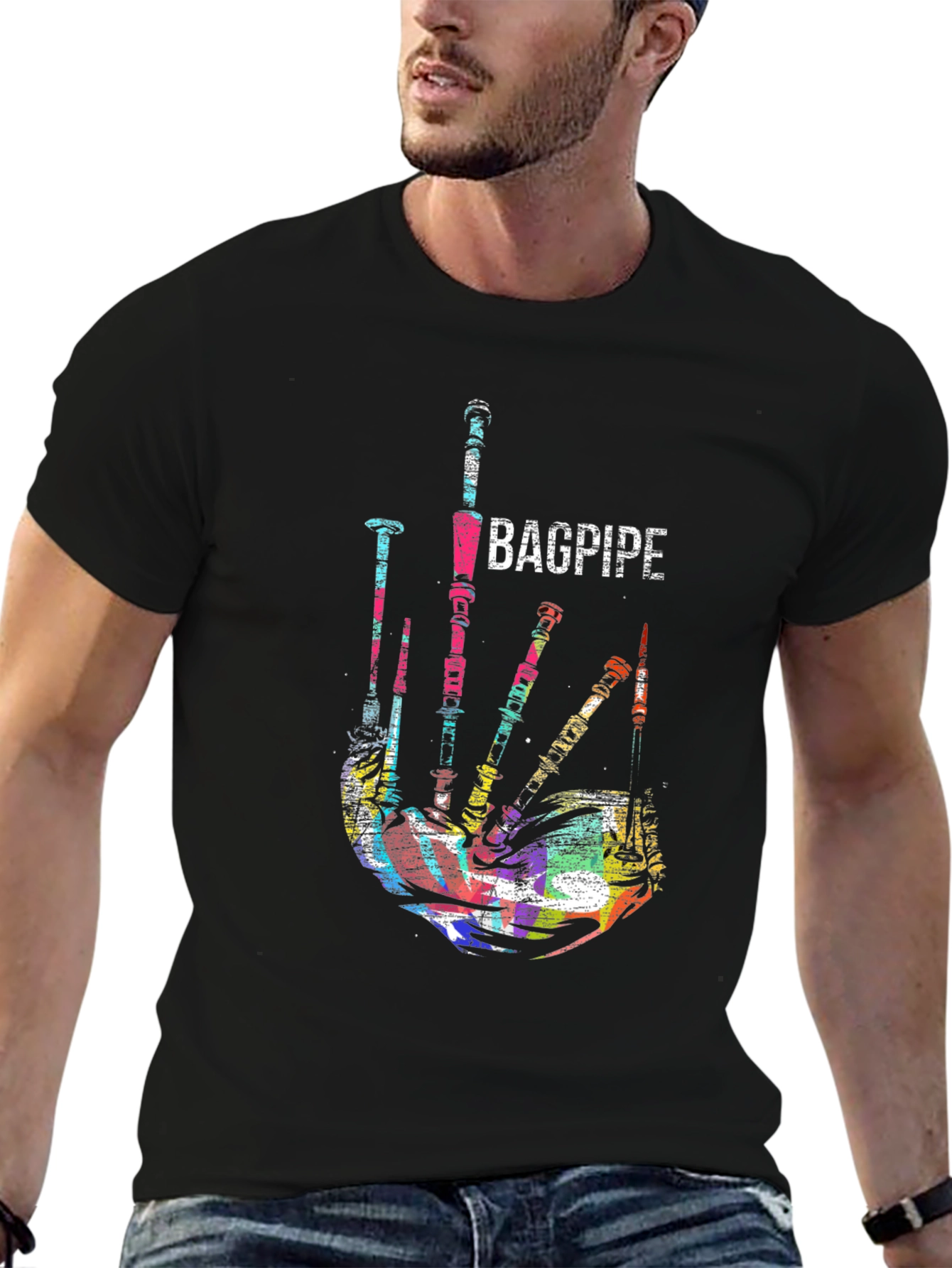 Black Bagpipe Graphic Black T-Shirt Unique Music Tee view 6