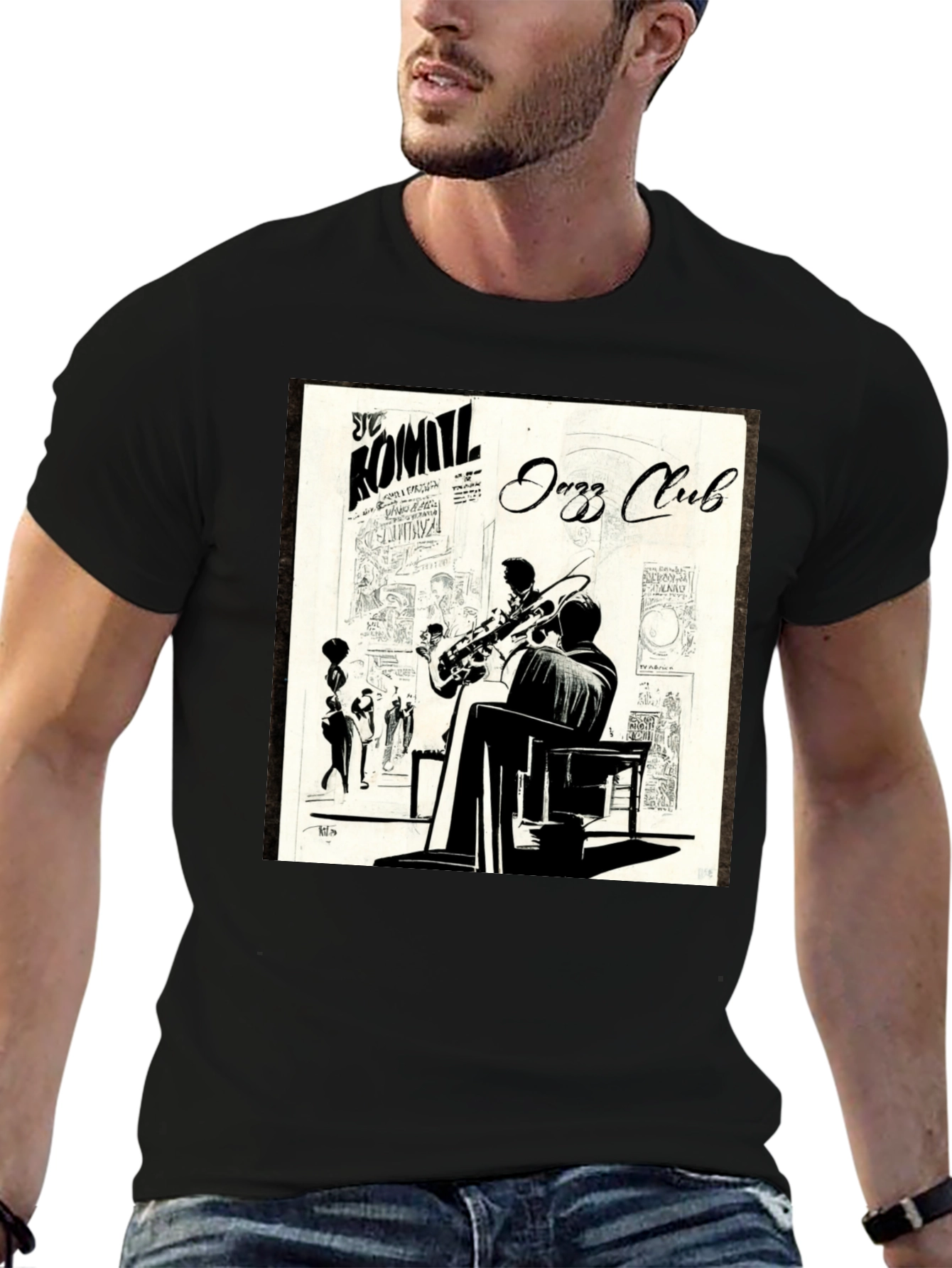 Black Vintage Jazz Club Graphic Tee - Stylish Black T-Shirt view 6