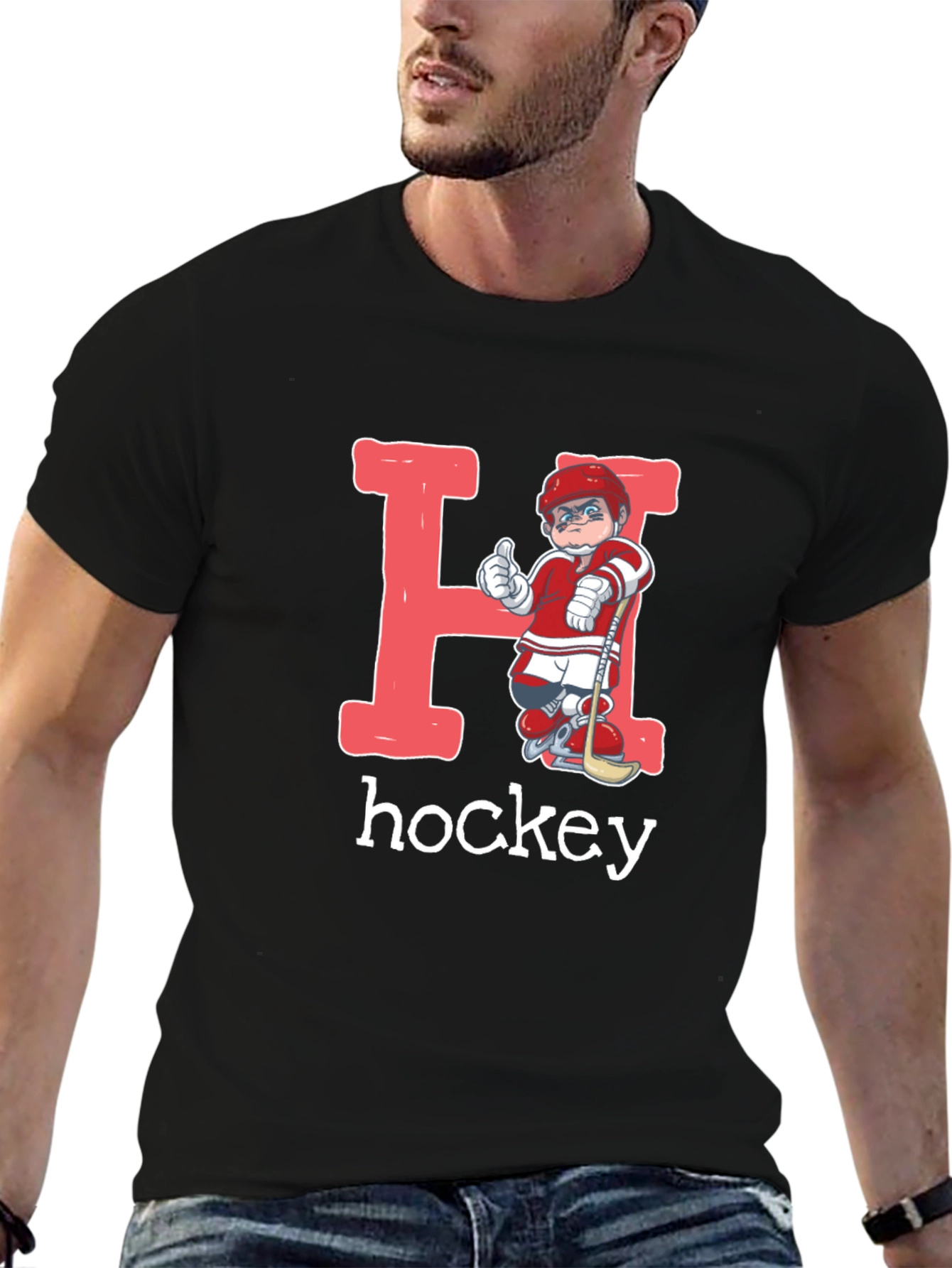Black Hockey Player Letter H Graphic T-Shirt view 6