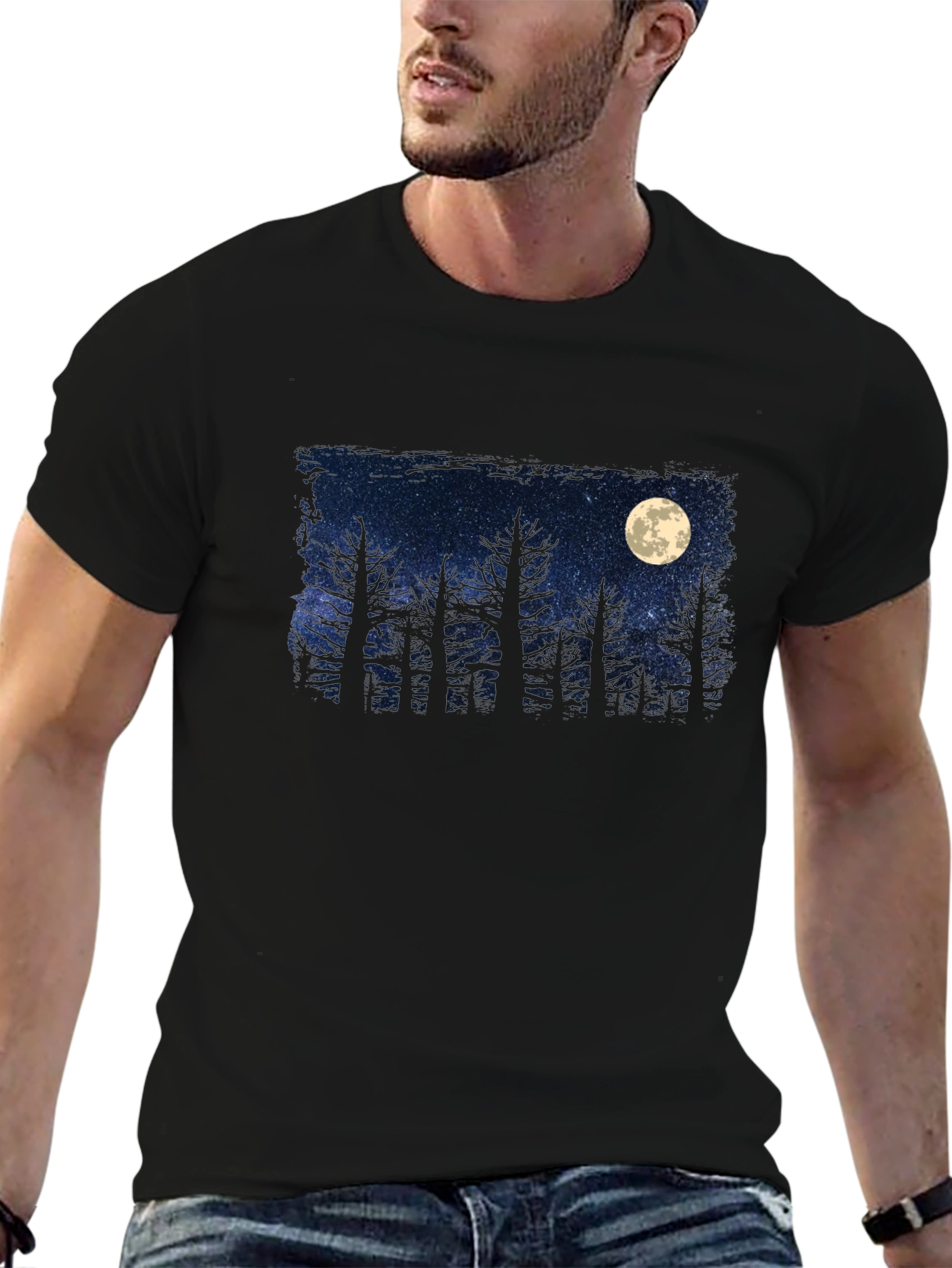 Black Moonlit Forest Graphic Tee - Dark Sky Design view 6