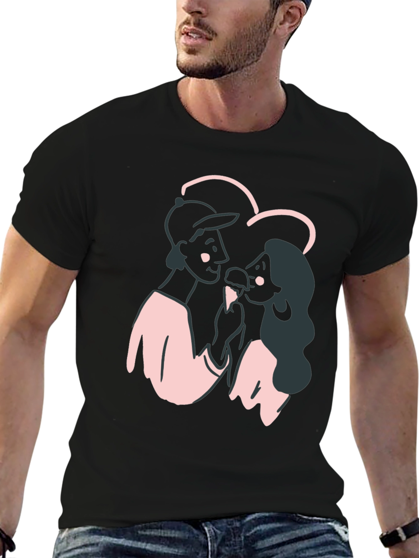 Black Couple's Cartoon Graphic Black T-Shirt view 6