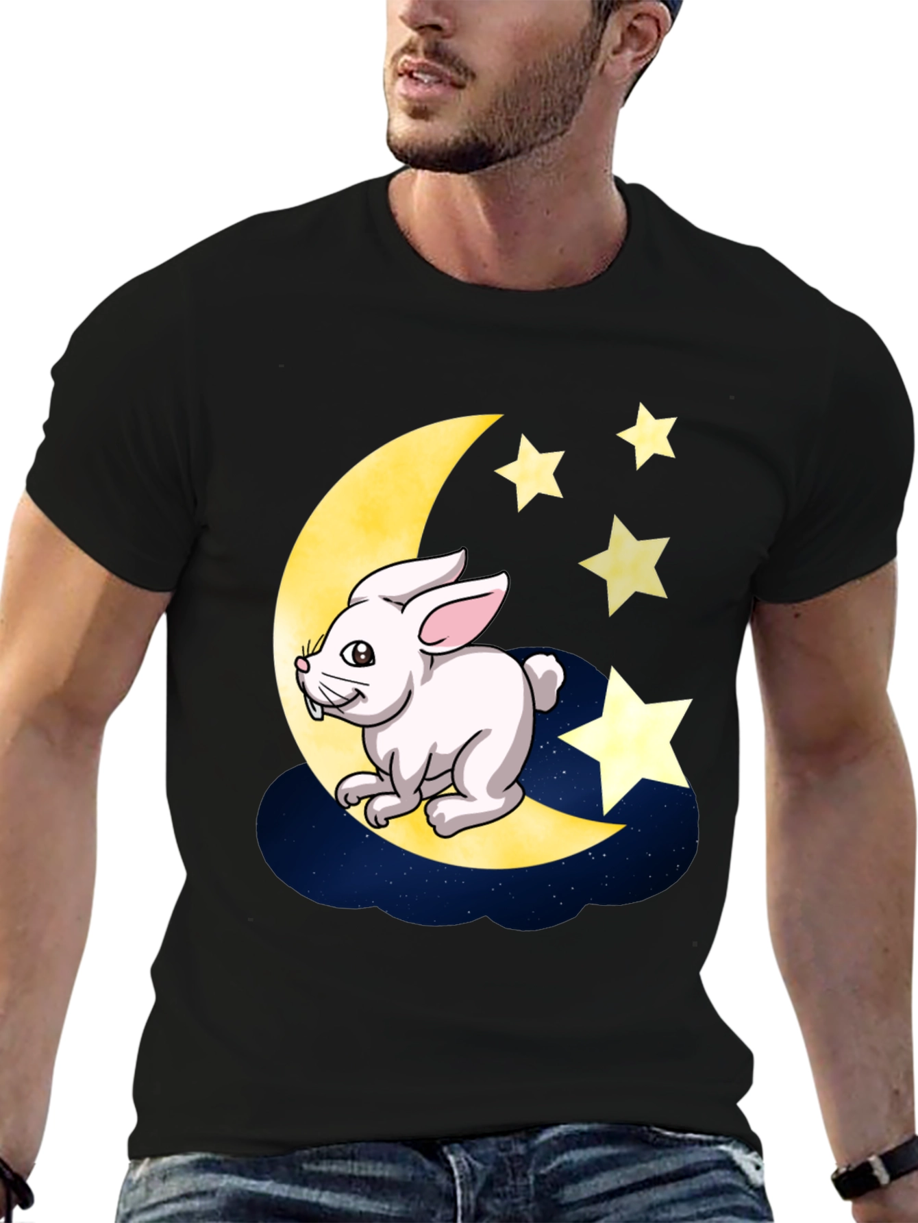 Black Moon Rabbit Graphic Tee - Black Cotton T-Shirt view 6