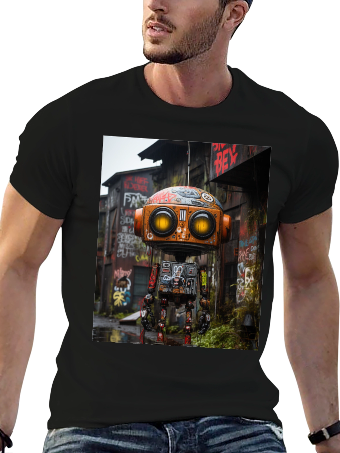 Black Urban Robot T-Shirt - Unique Graphic Tee view 6
