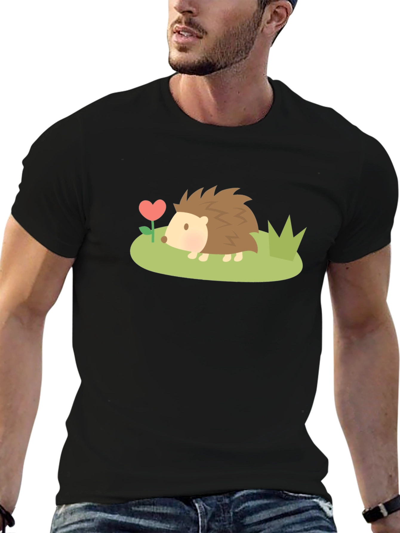 Black Cute Hedgehog Heart Flower Graphic T-Shirt view 6