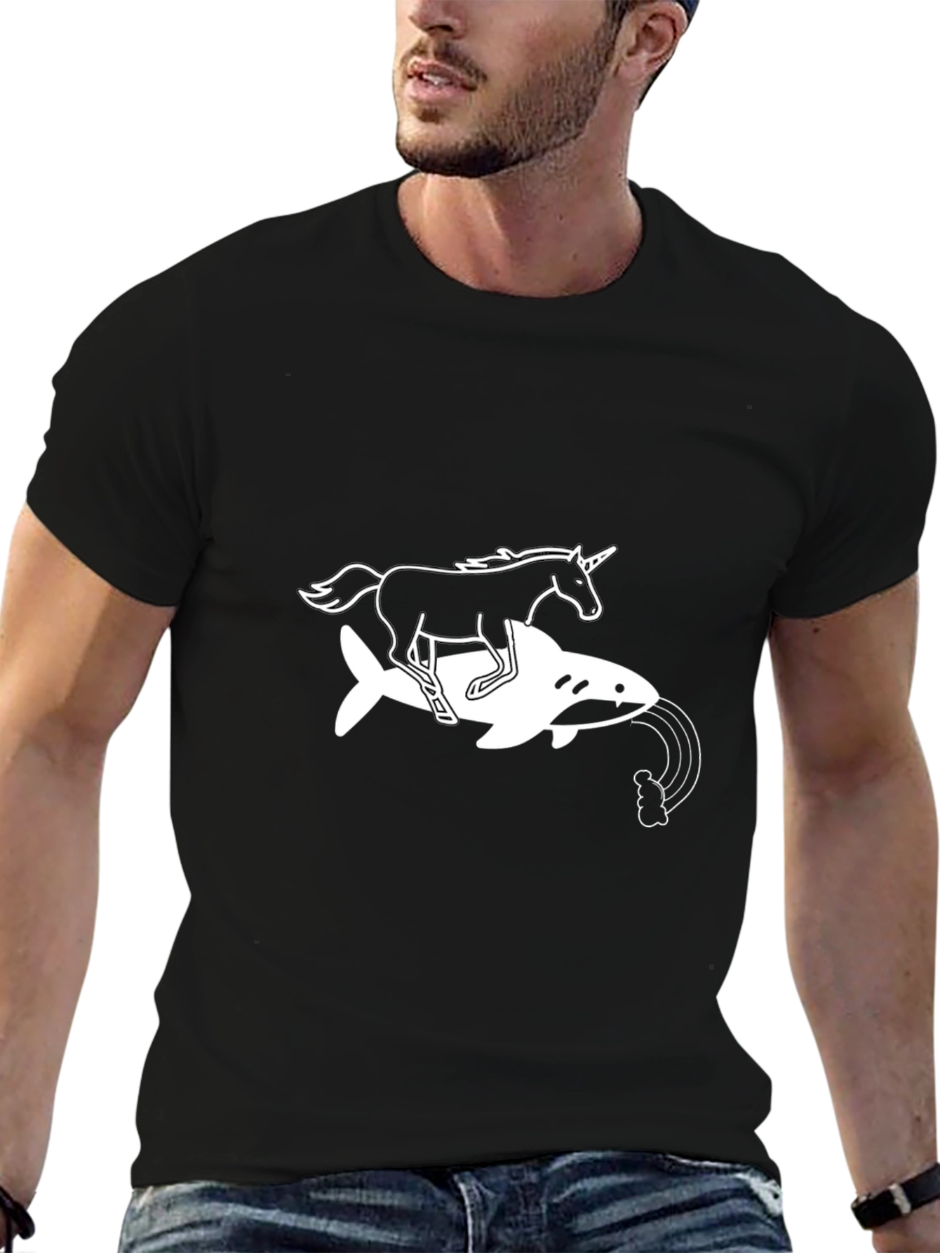 Black Unicorn Riding Shark Graphic Tee view 6