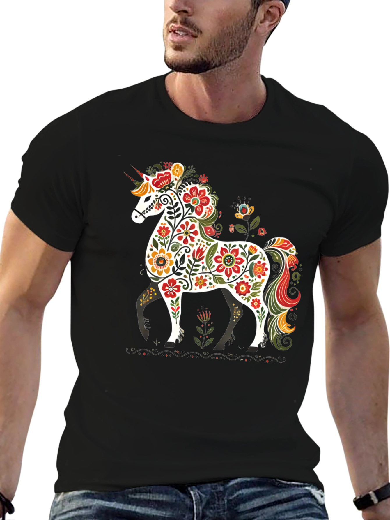 Black Floral Unicorn Graphic Tee - Black Unisex T-Shirt view 6