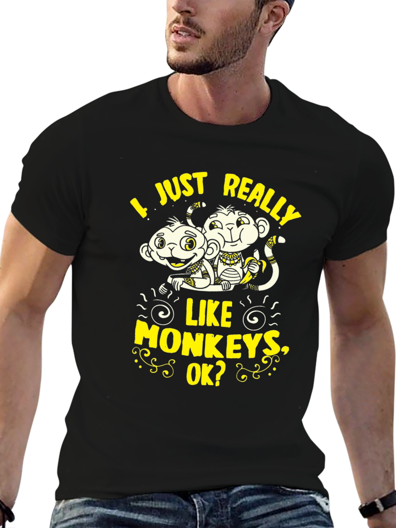 Black Funny Monkey Graphic T-Shirt - I Just Really Like Monkeys view 6