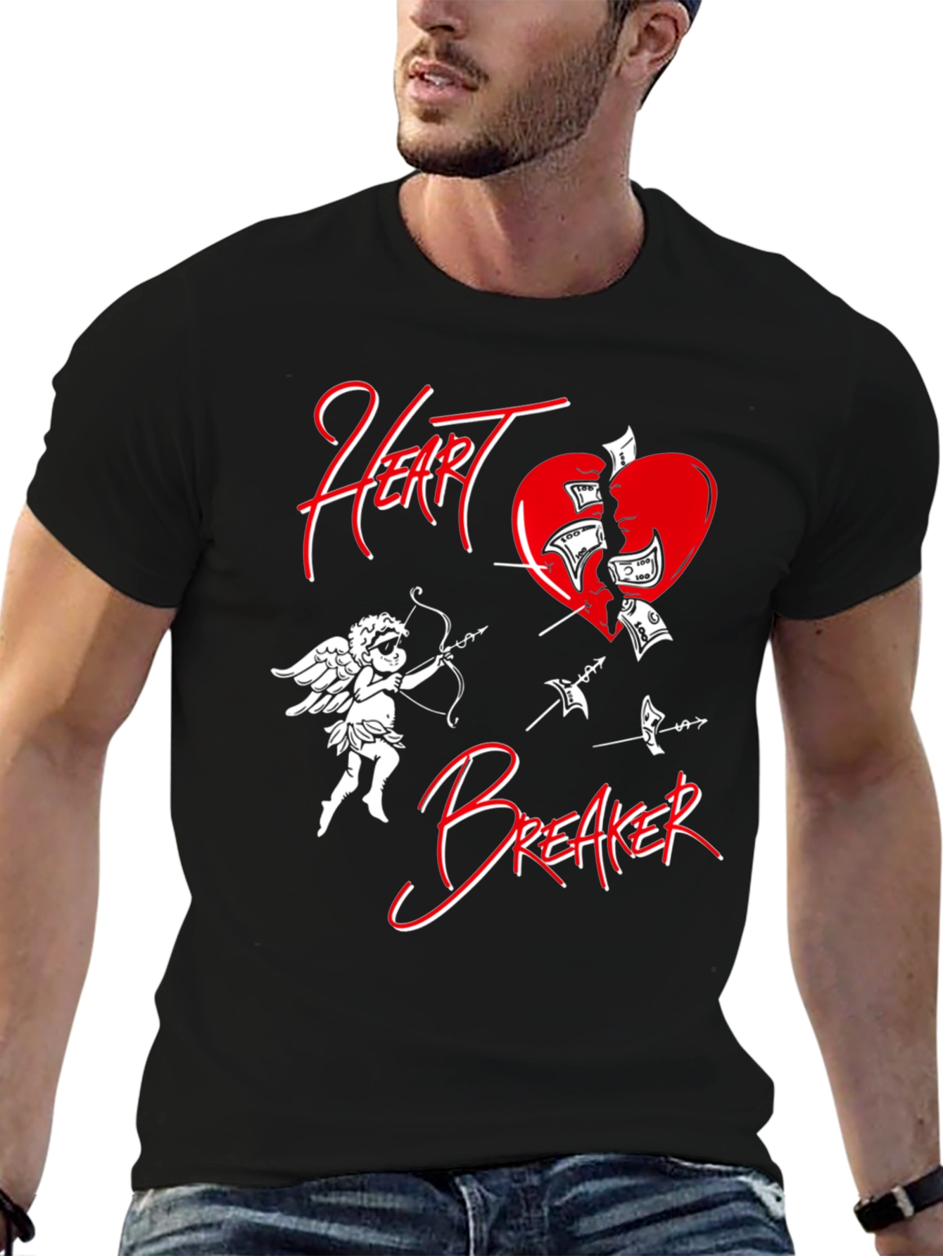 Black Heart Breaker T-Shirt with Cupid and Broken Heart Design view 6