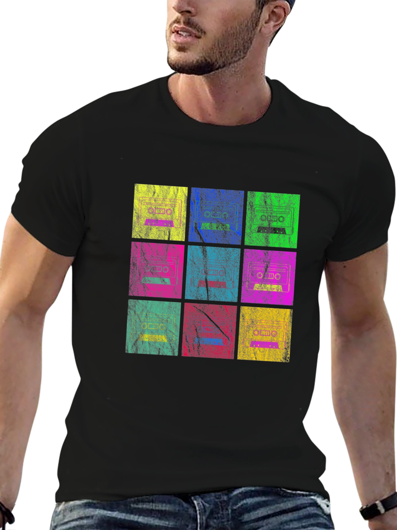 Black Retro Cassette Tape Grid T-Shirt view 6