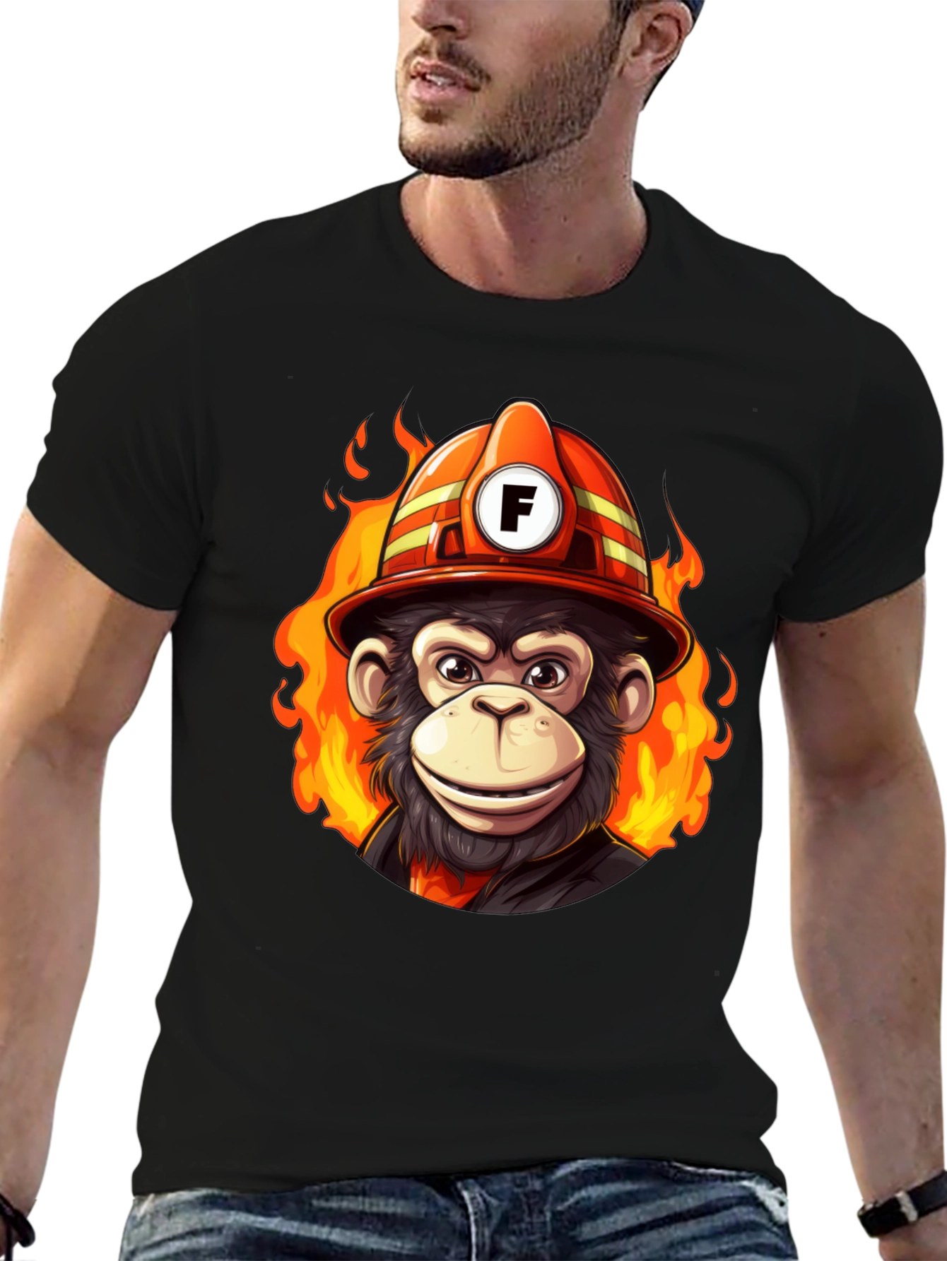 Black Fire Monkey Tee - Fun Cartoon Firefighter Ape T-Shirt view 6