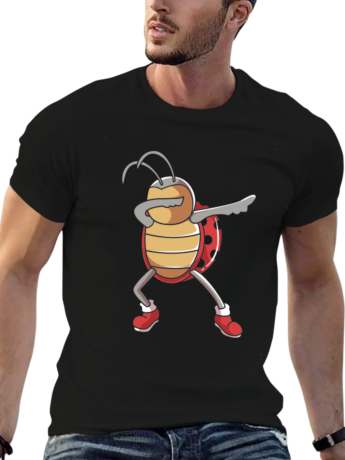 Black Dabbing Ladybug Graphic Tee - Black Cotton T-Shirt view 6
