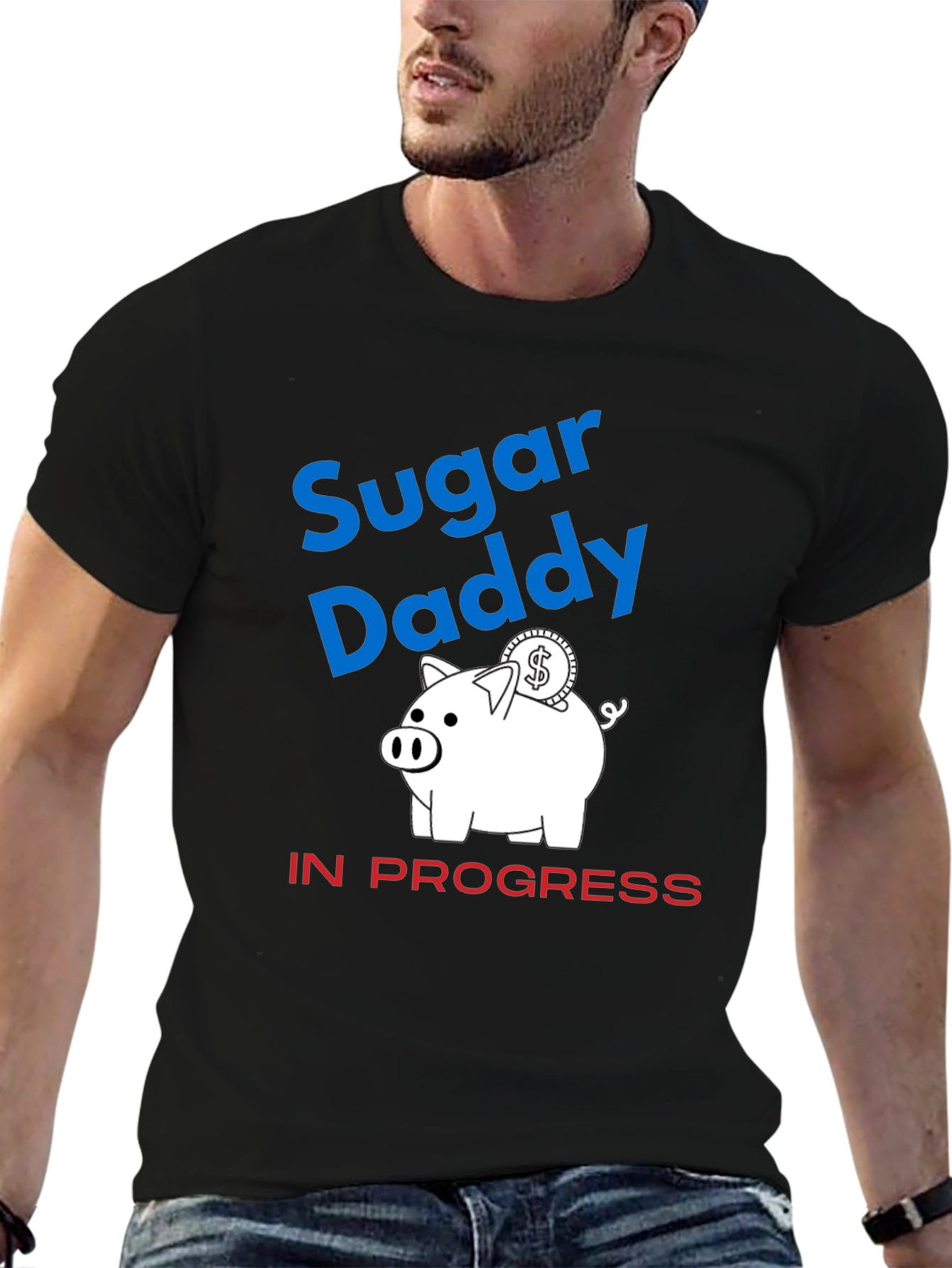 Black Sugar Daddy in Progress Piggy Bank Funny Graphic T-Shirt view 6