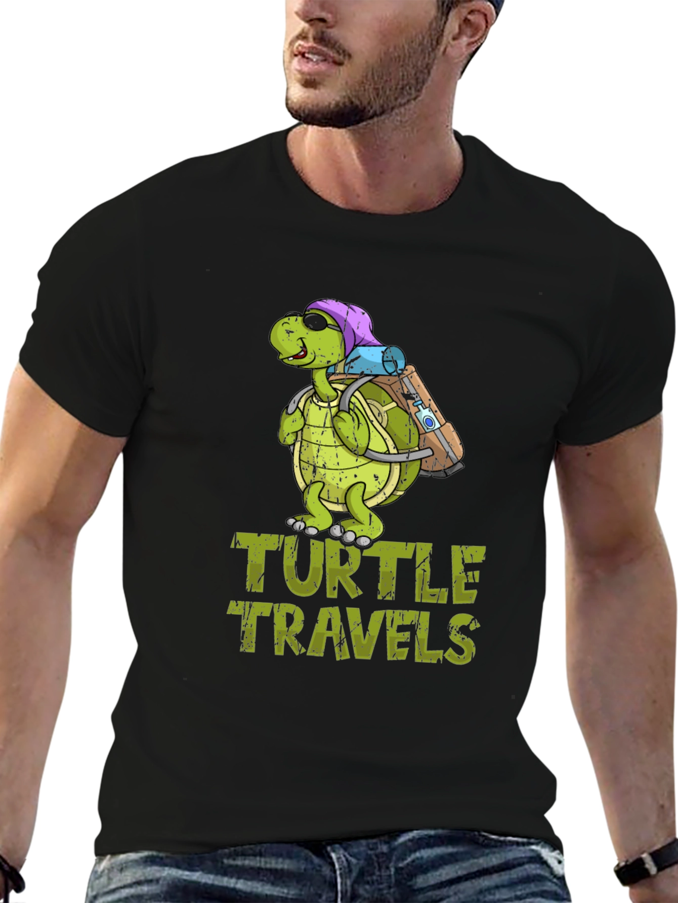 Black Turtle Travels T-Shirt, Funny Cartoon Graphic Tee view 6