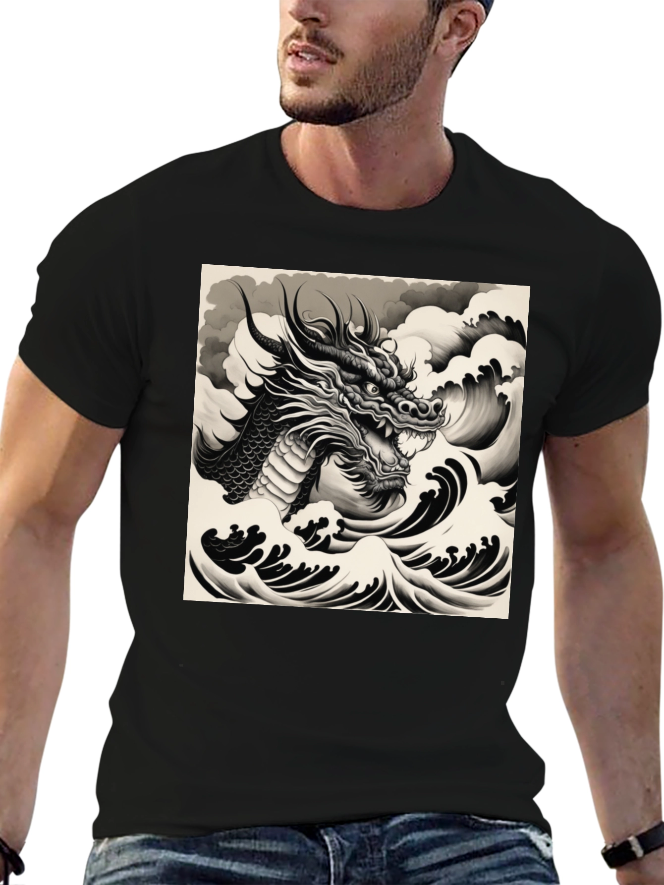 Black Dragon & Waves Graphic Tee - Black view 6